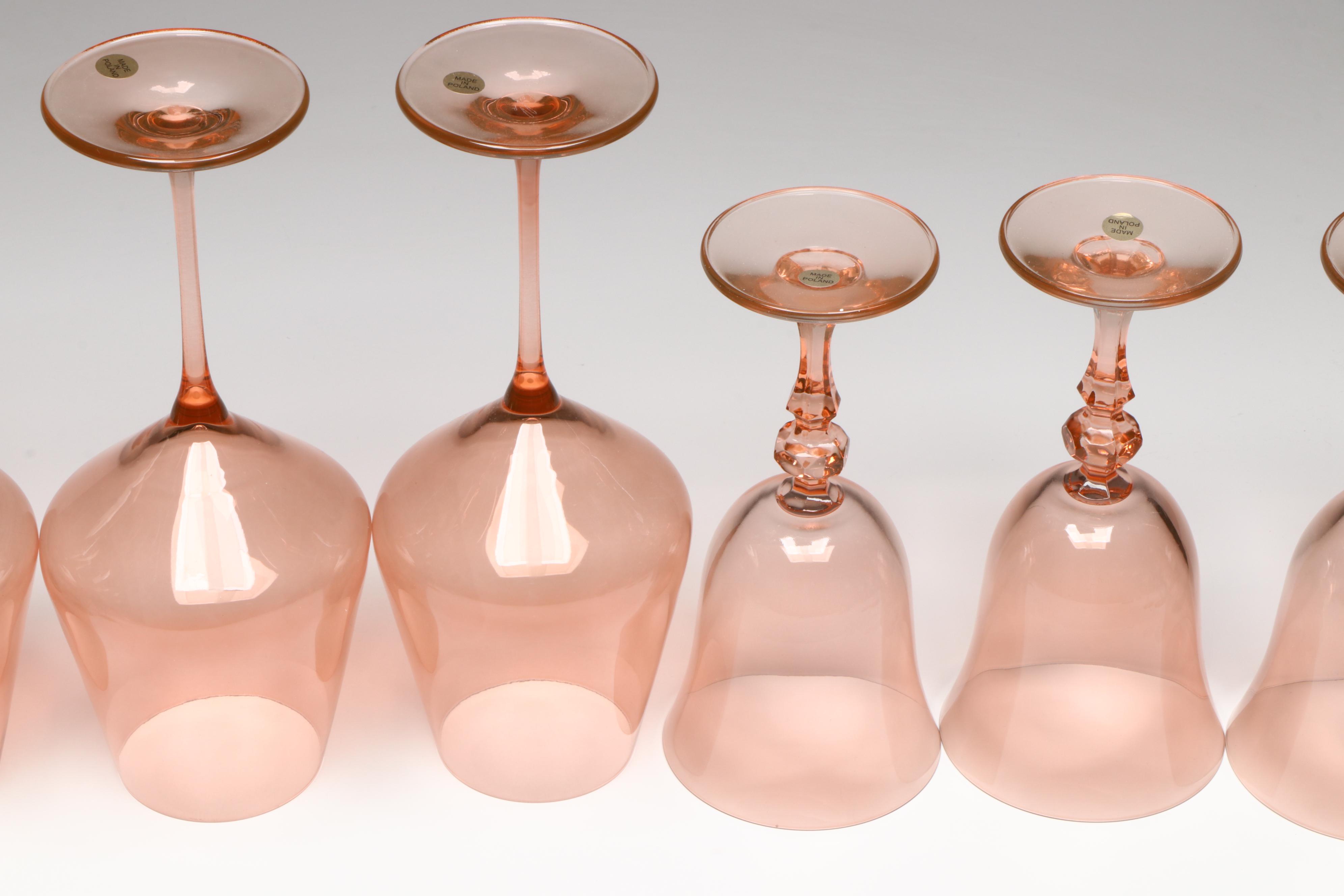 Estelle Peach Colored Polish Crystal Wine Glasses, Two Sets of Six