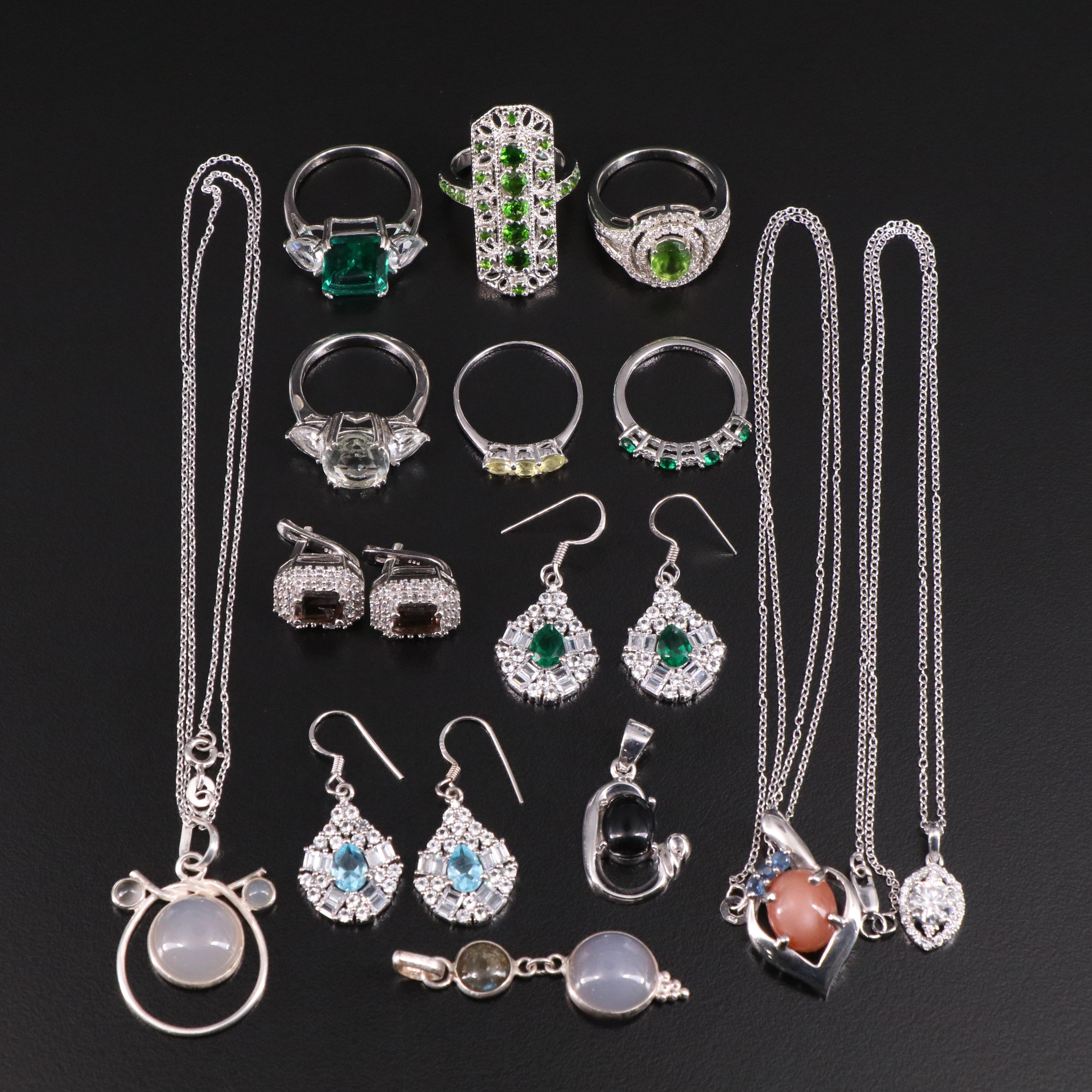 14 Assorted Sterling Silver Rings, Necklaces, Earrings, and Pendants