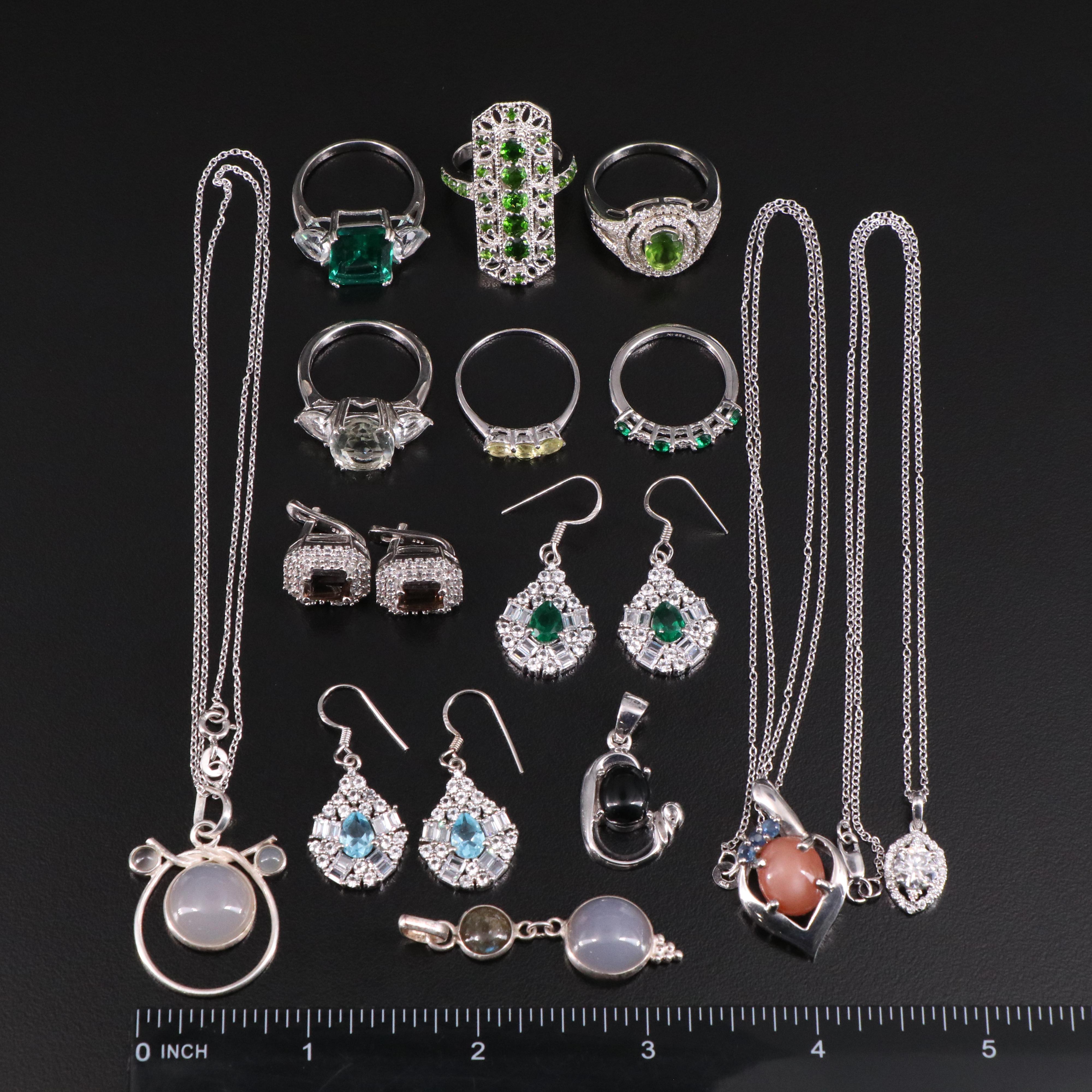 14 Assorted Sterling Silver Rings, Necklaces, Earrings, and Pendants