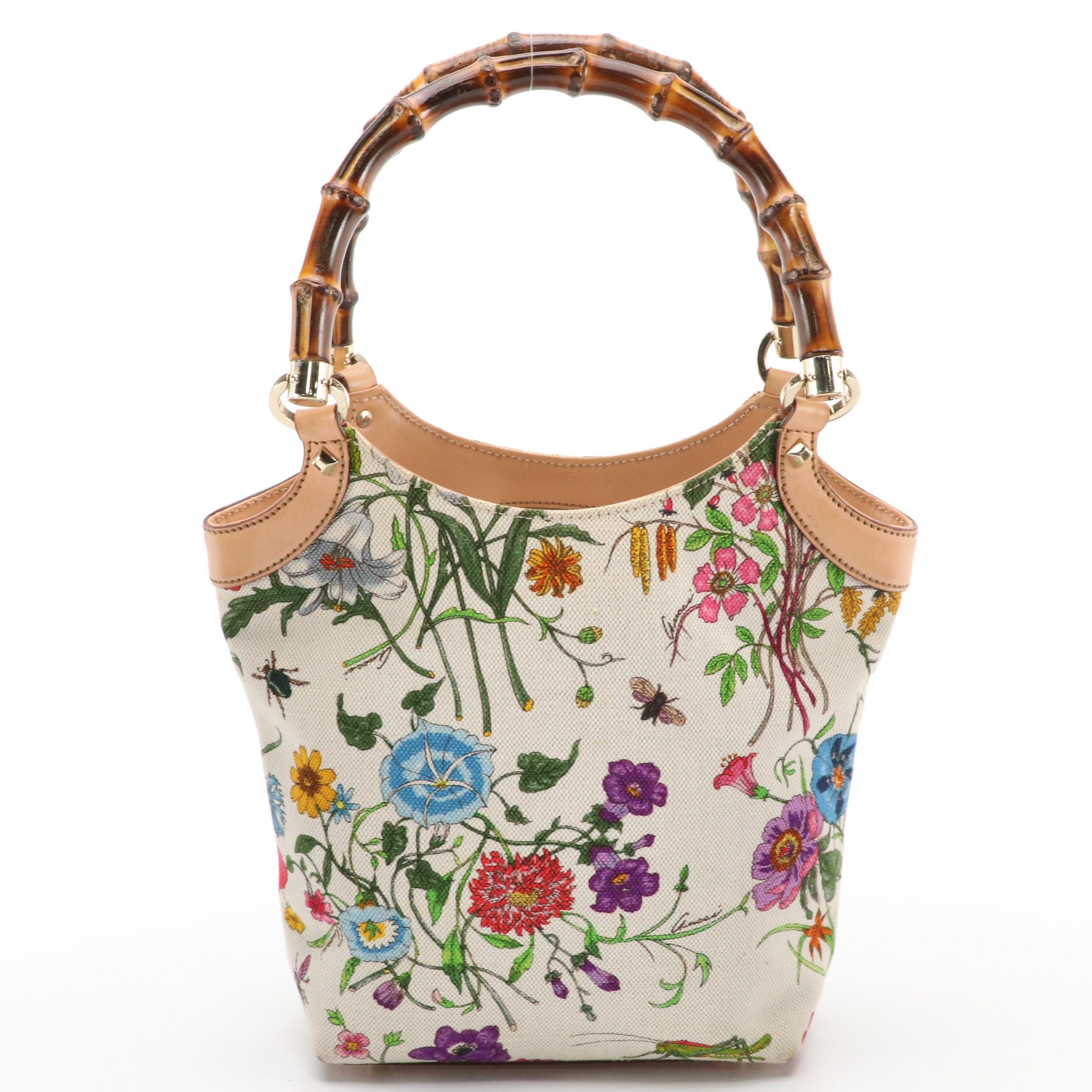 Gucci Bamboo Handle Bag in Floral Print Canvas and Beige Leather