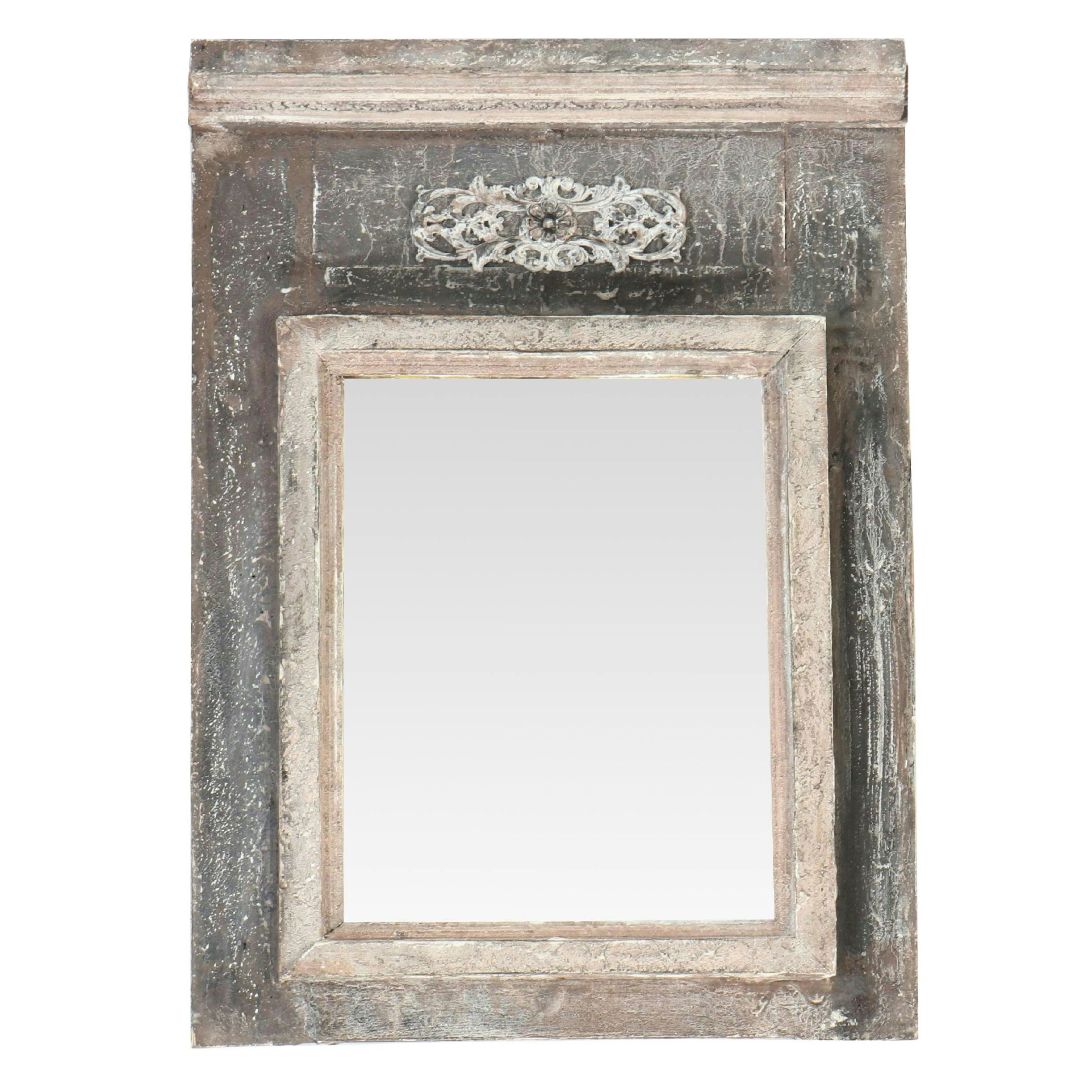 Distressed Wood Wall Mirror with Architectural Molding and Foliate Detail