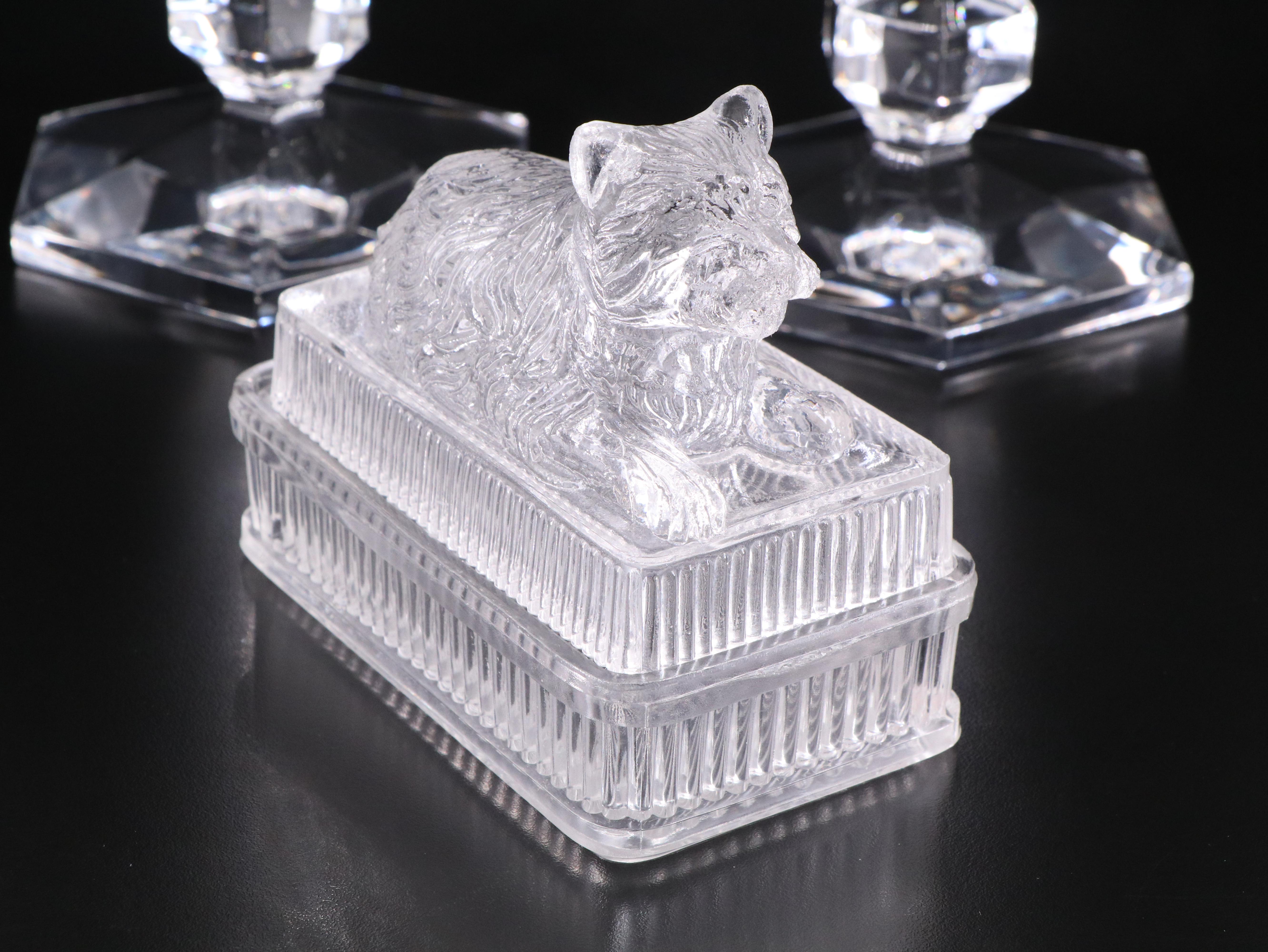 Val St. Lambert "Gardenia" Crystal Candle Holders and Victorian EAPG Terrier Box