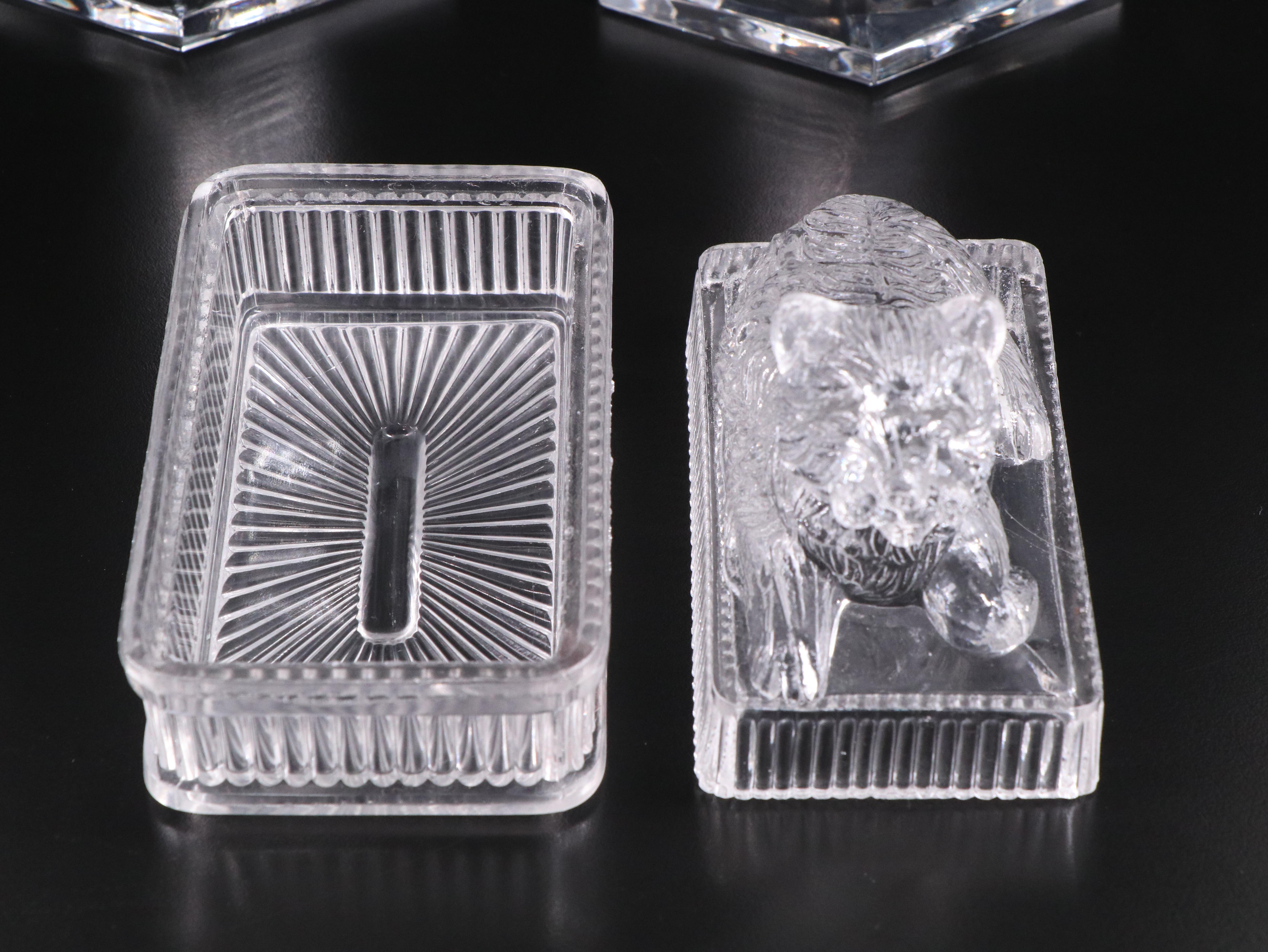 Val St. Lambert "Gardenia" Crystal Candle Holders and Victorian EAPG Terrier Box