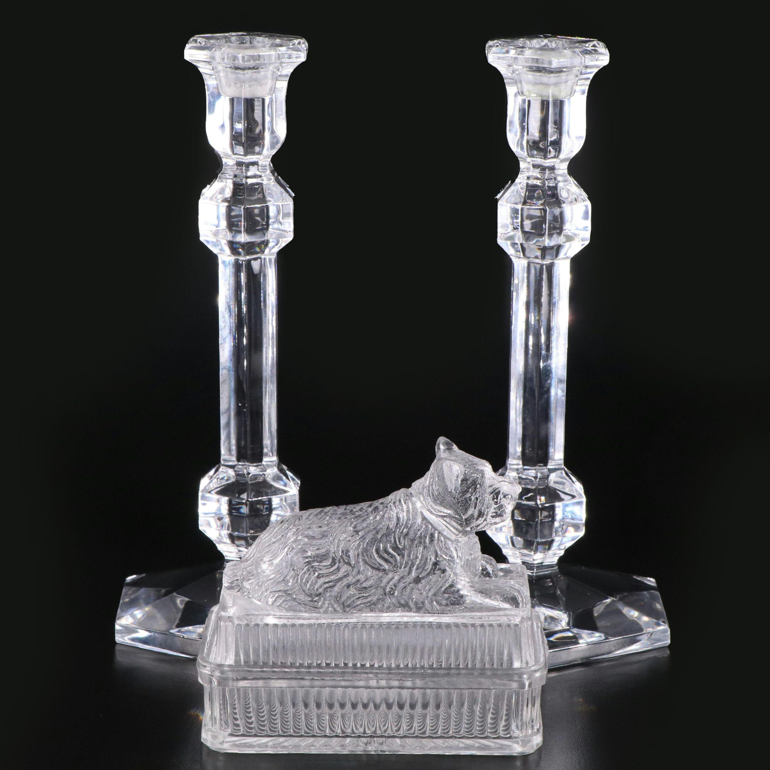 Val St. Lambert "Gardenia" Crystal Candle Holders and Victorian EAPG Terrier Box