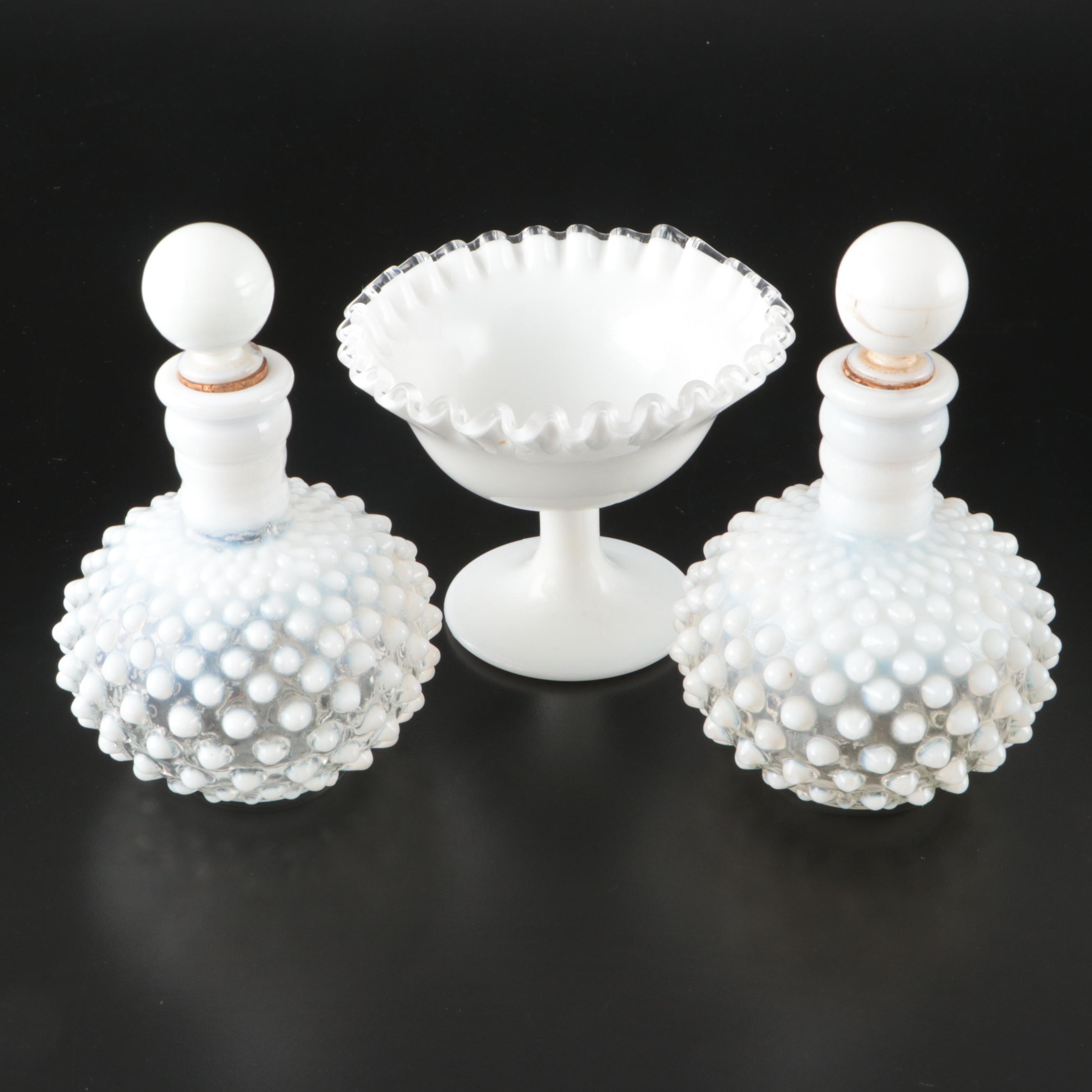 Pair of Fenton Hobnail French Wrisley Cologne Bottles and Silver Crest Compote