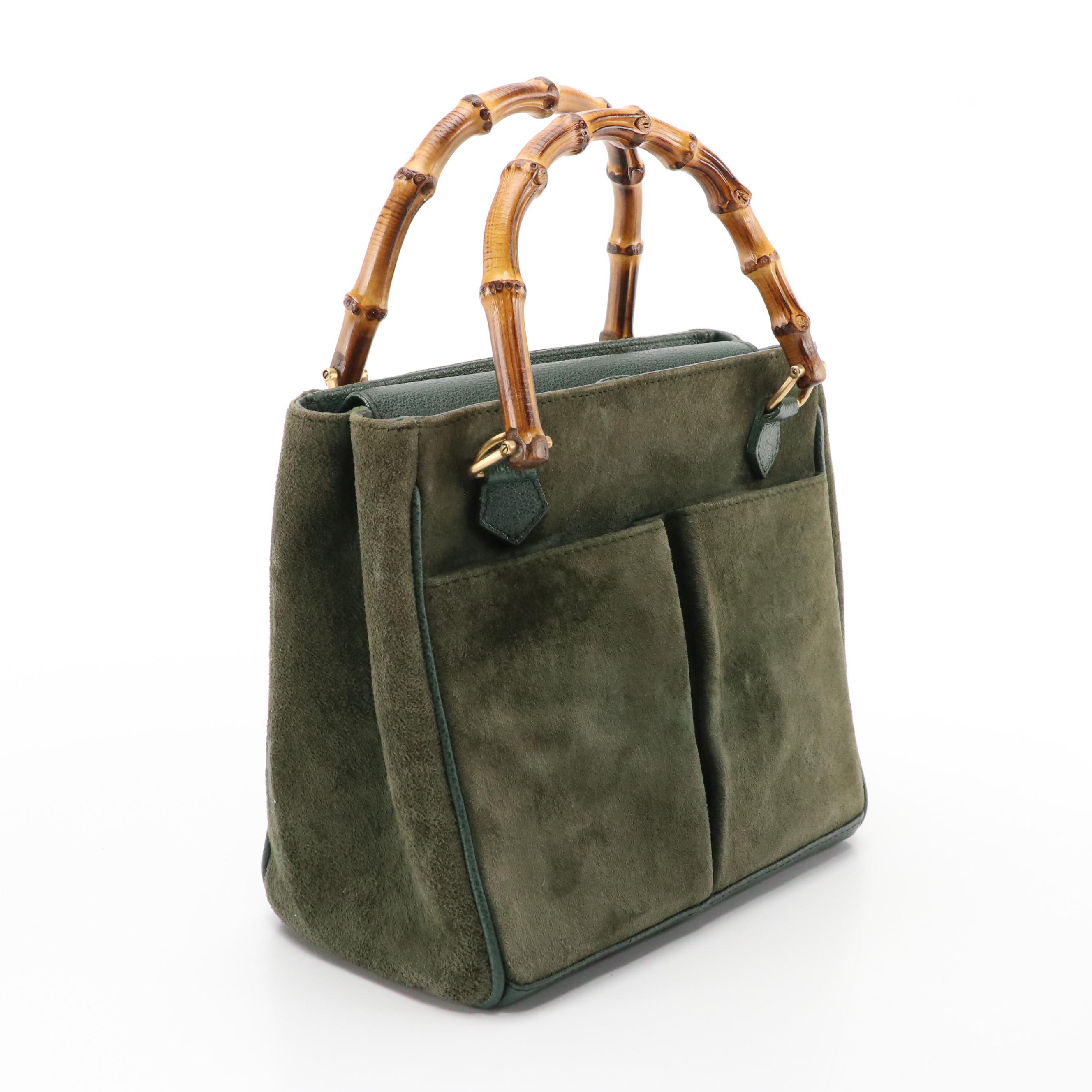 Gucci Bamboo Double Pocket Small Tote in Green Suede with Leather Trim