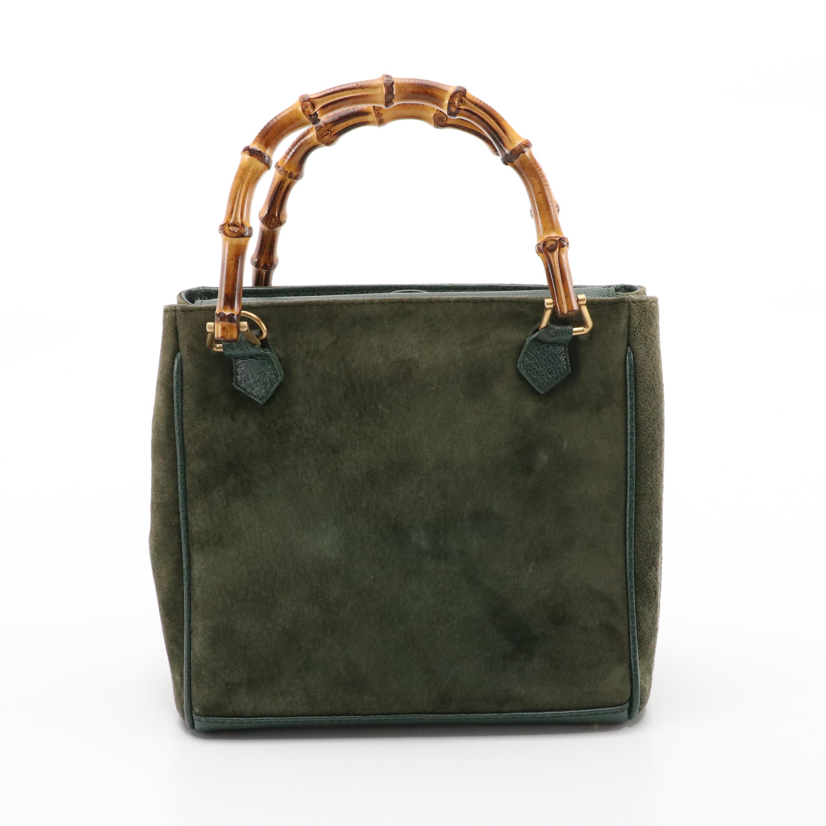 Gucci Bamboo Double Pocket Small Tote in Green Suede with Leather Trim