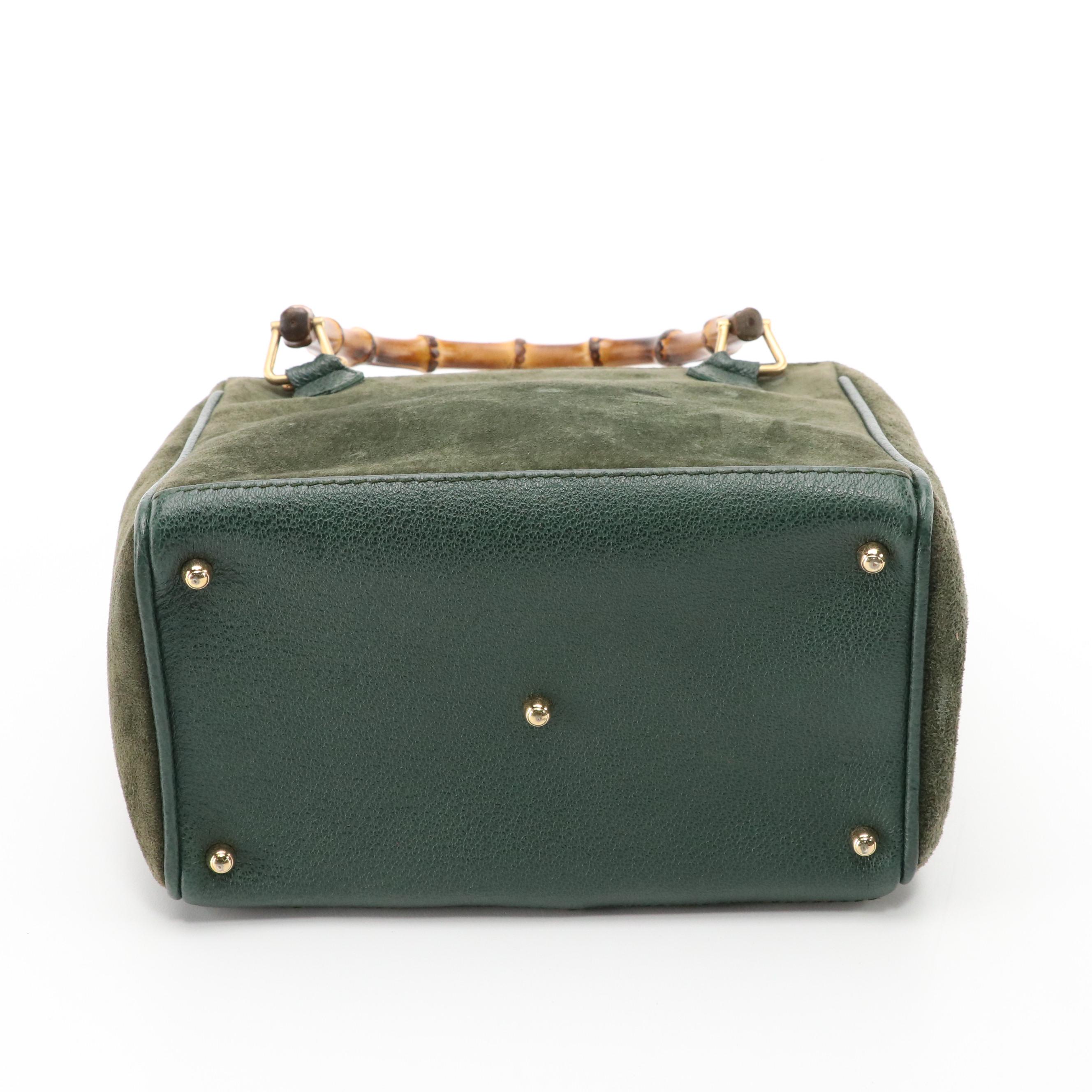 Gucci Bamboo Double Pocket Small Tote in Green Suede with Leather Trim