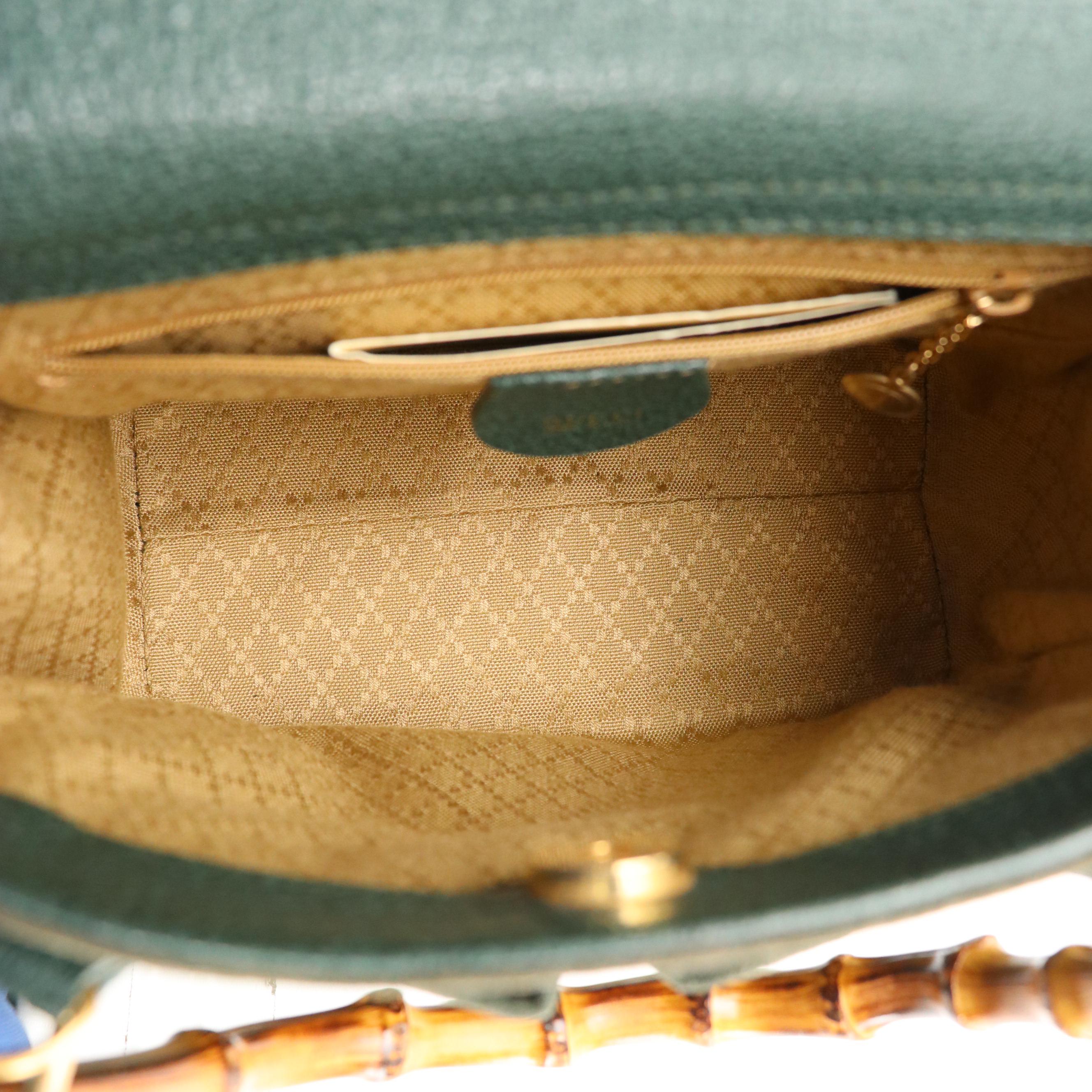 Gucci Bamboo Double Pocket Small Tote in Green Suede with Leather Trim