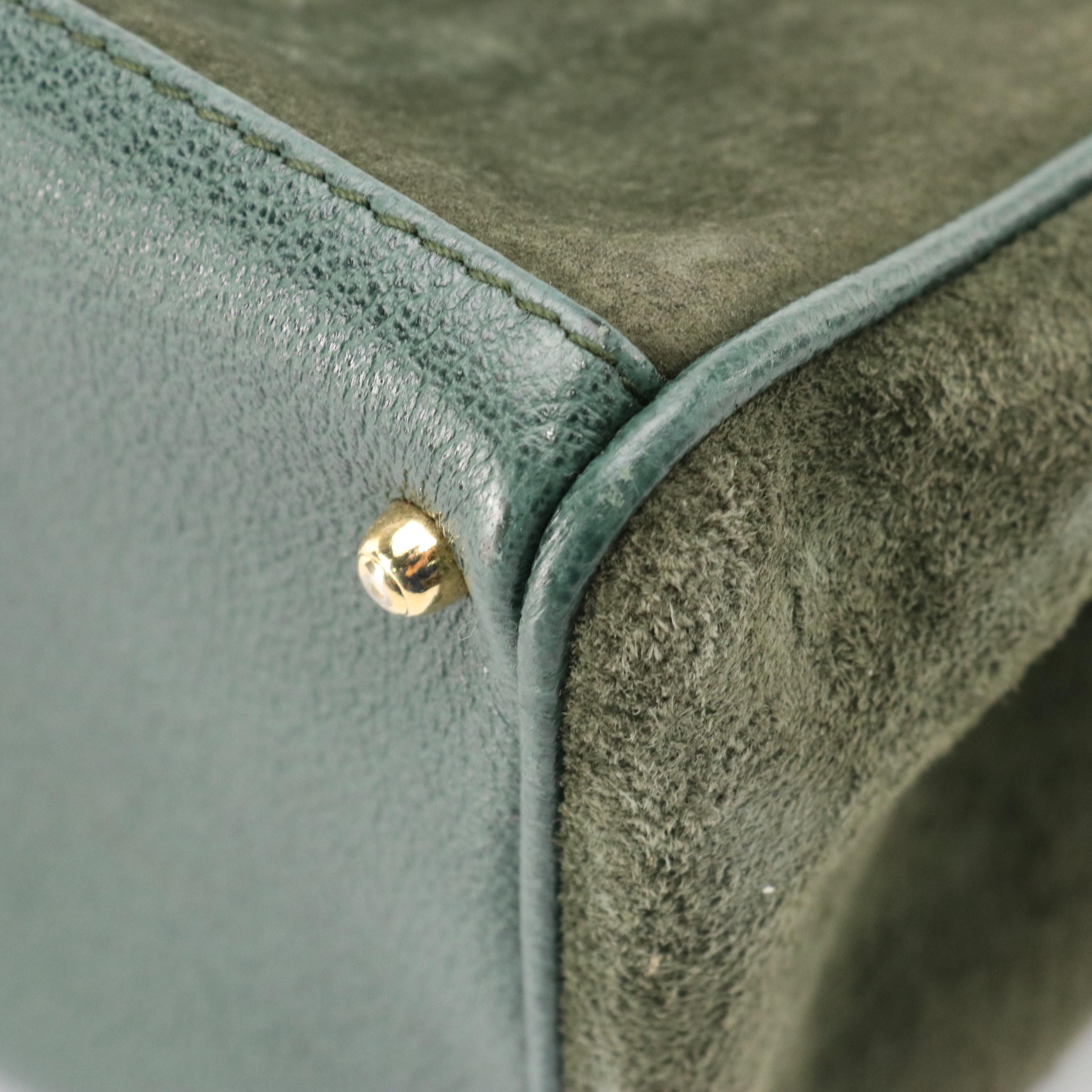 Gucci Bamboo Double Pocket Small Tote in Green Suede with Leather Trim