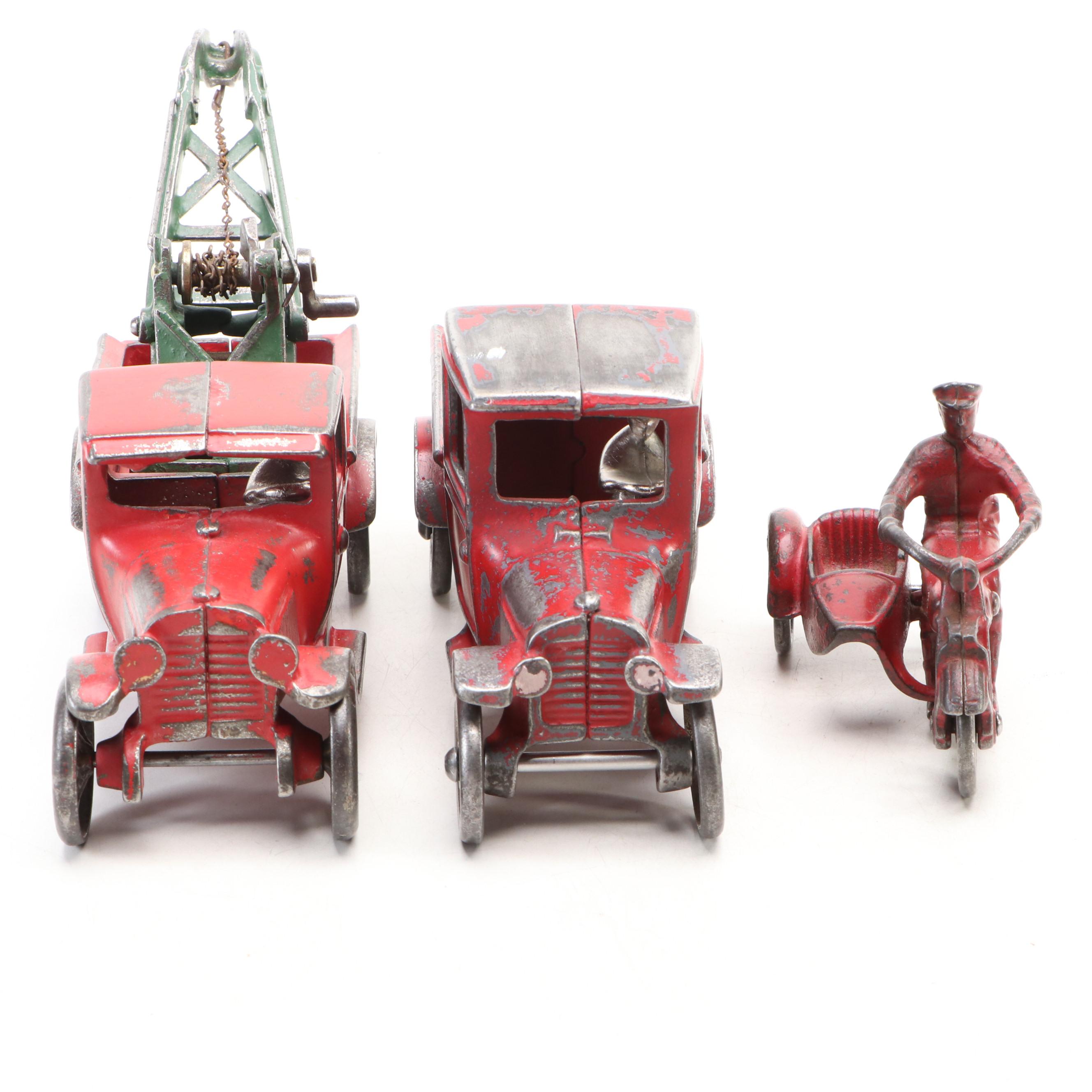 Arcade Cast Iron Toy Truck, Tow Truck and Motorcycle, Early to Mid-20th Century