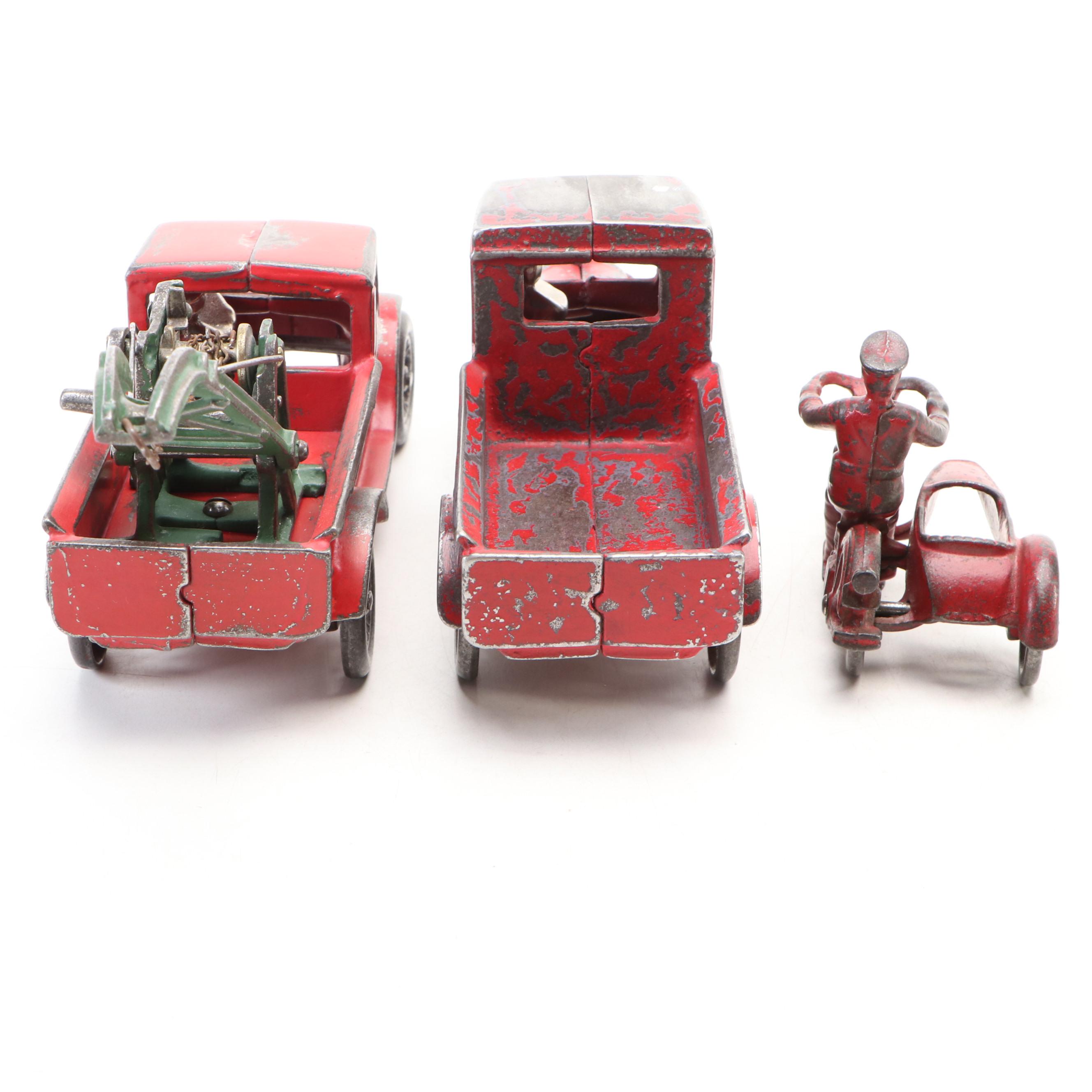 Arcade Cast Iron Toy Truck, Tow Truck and Motorcycle, Early to Mid-20th Century