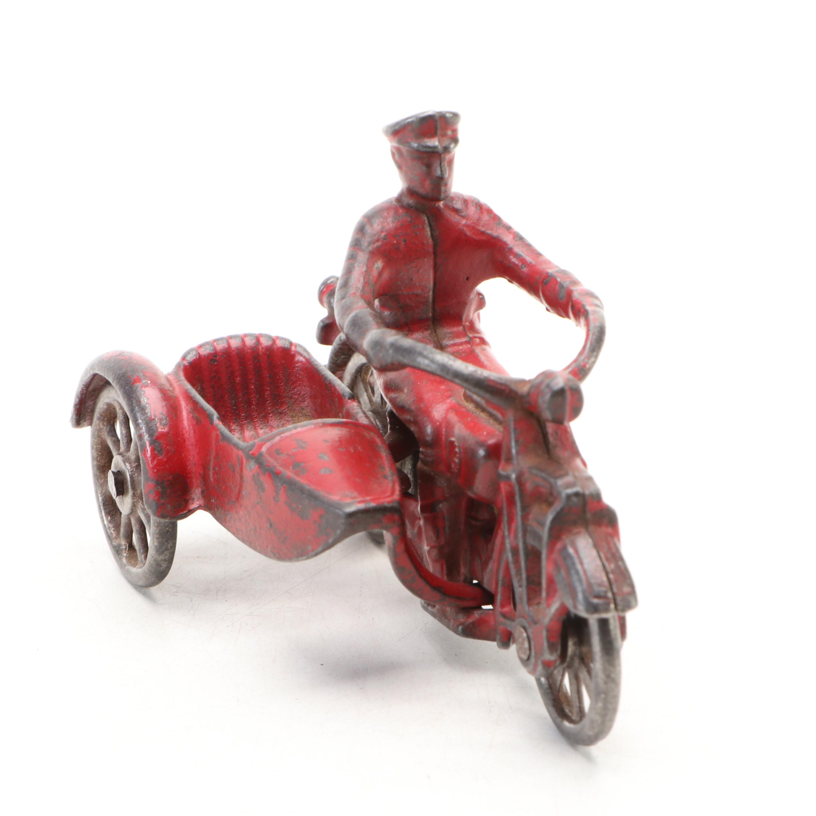 Arcade Cast Iron Toy Truck, Tow Truck and Motorcycle, Early to Mid-20th Century