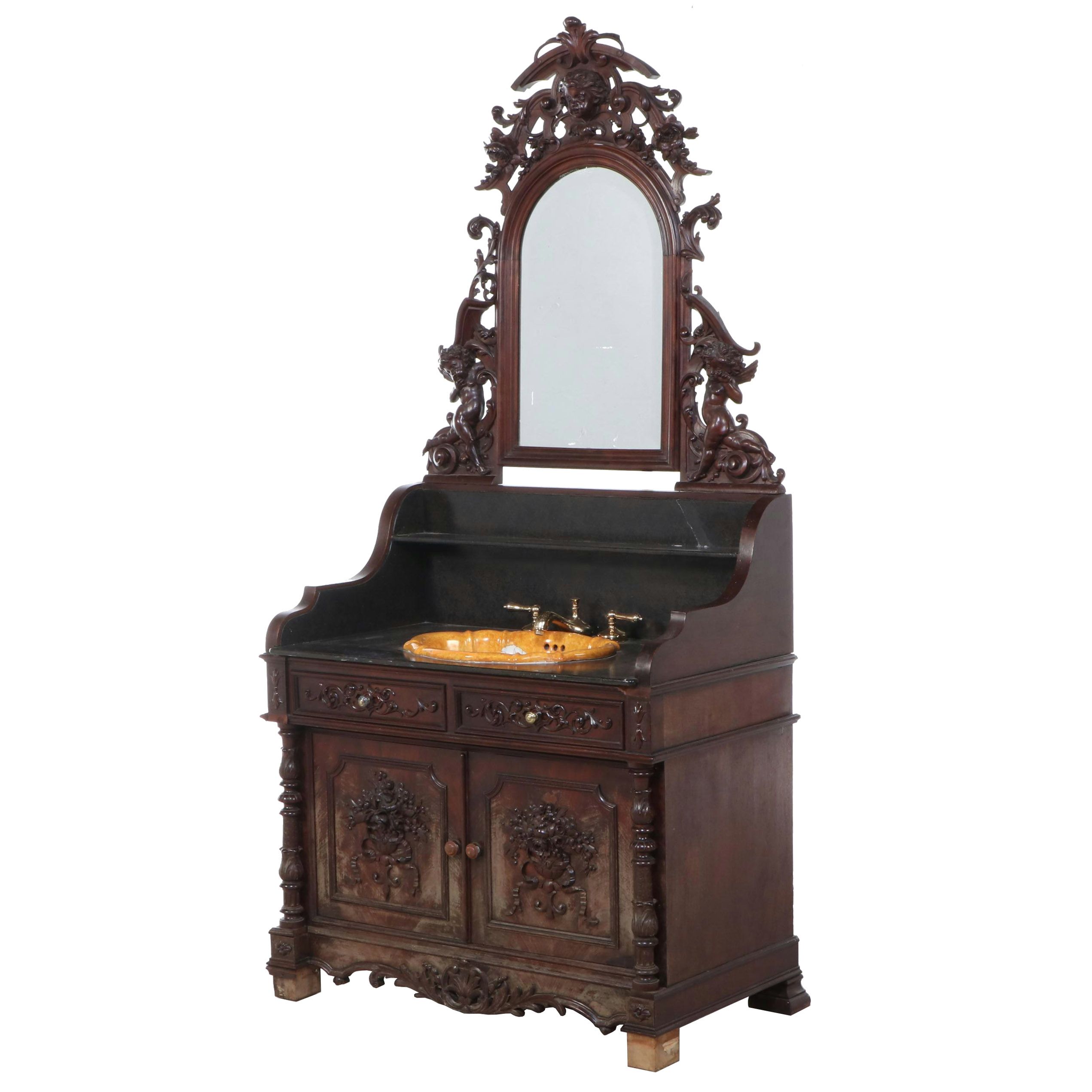 Victorian Rococo Revival Mahogany Wash Basin Vanity, 19th Century and Later