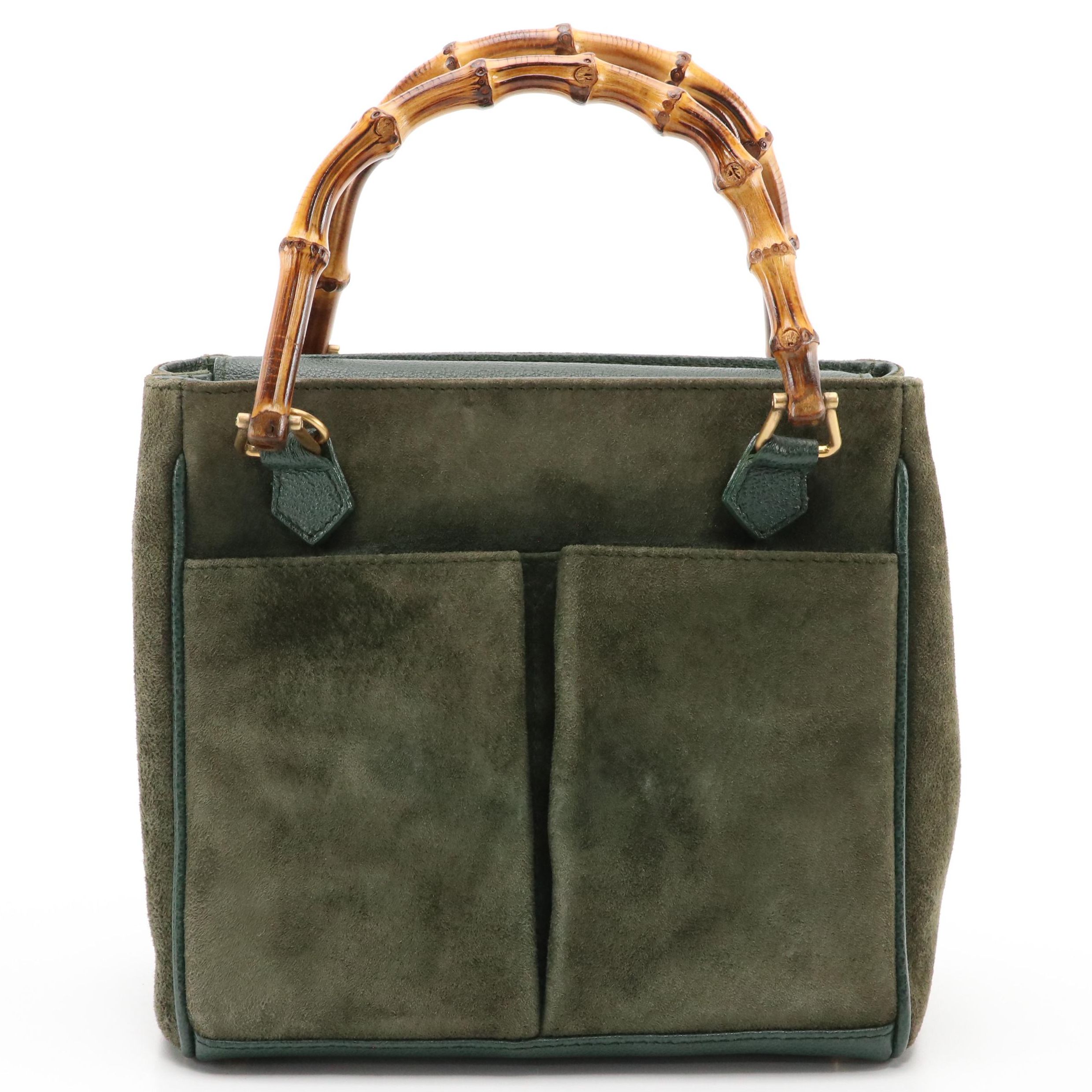 Gucci Bamboo Double Pocket Small Tote in Green Suede with Leather Trim