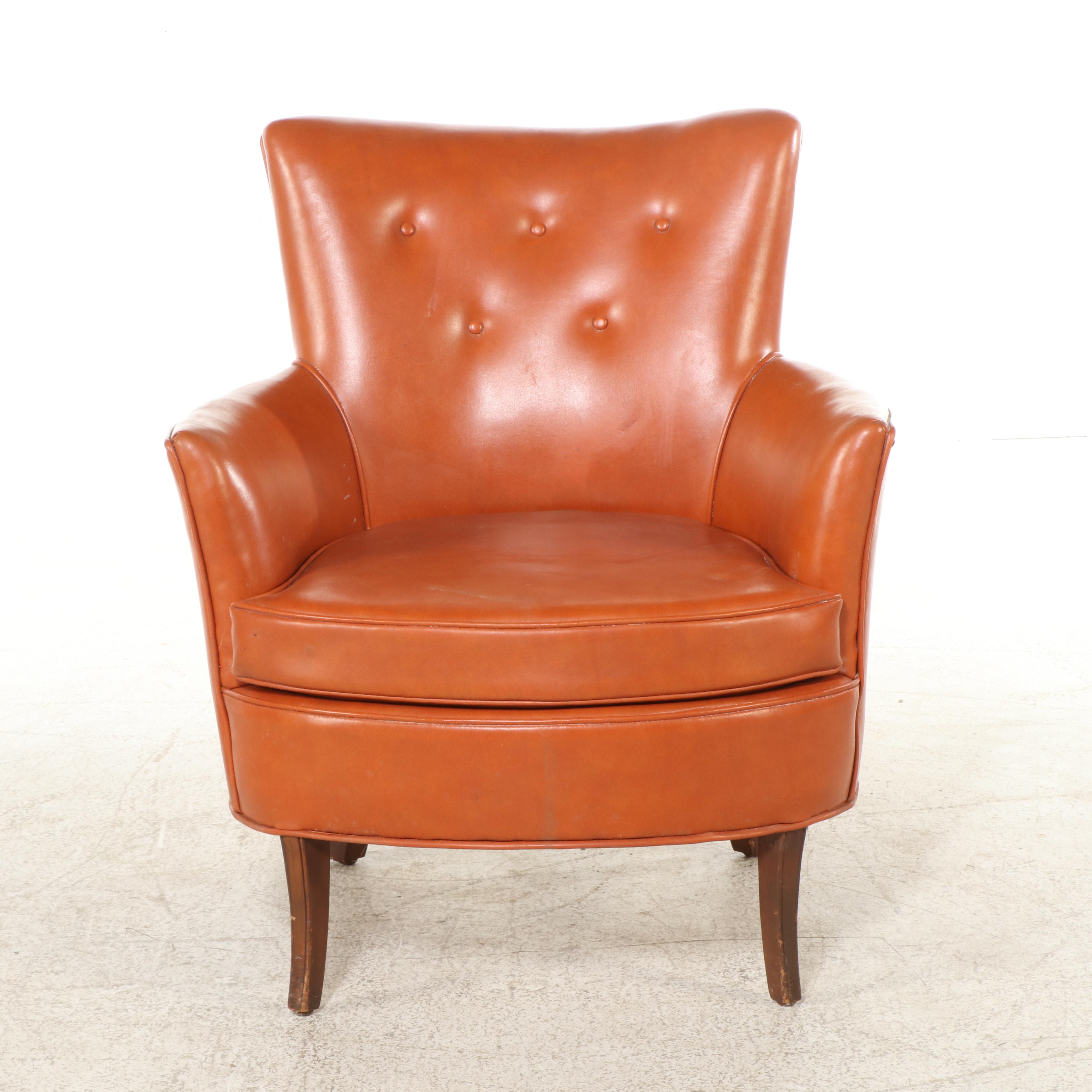 Pair of Modernist Buttoned-Down Orange Vinyl Club Chairs
