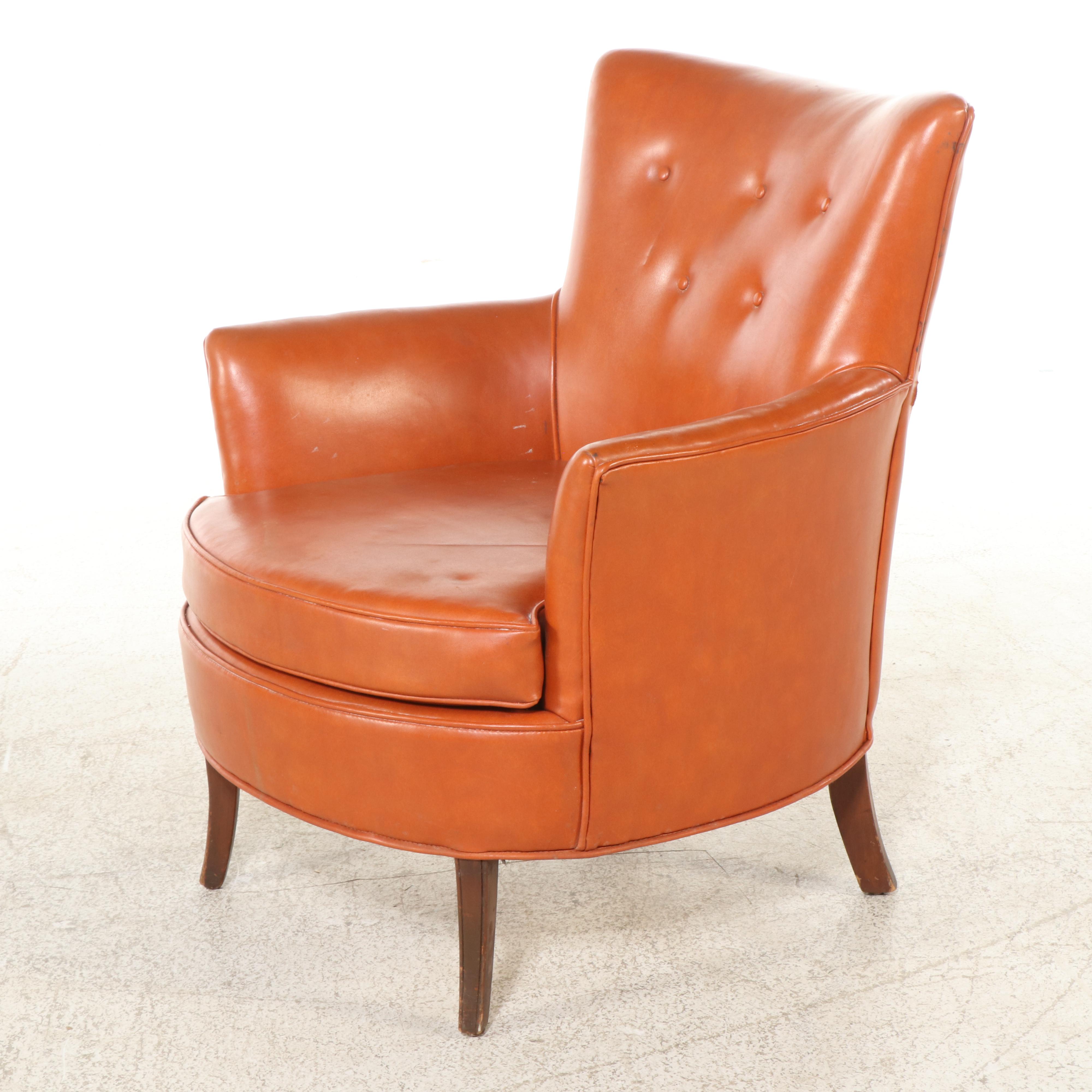 Pair of Modernist Buttoned-Down Orange Vinyl Club Chairs
