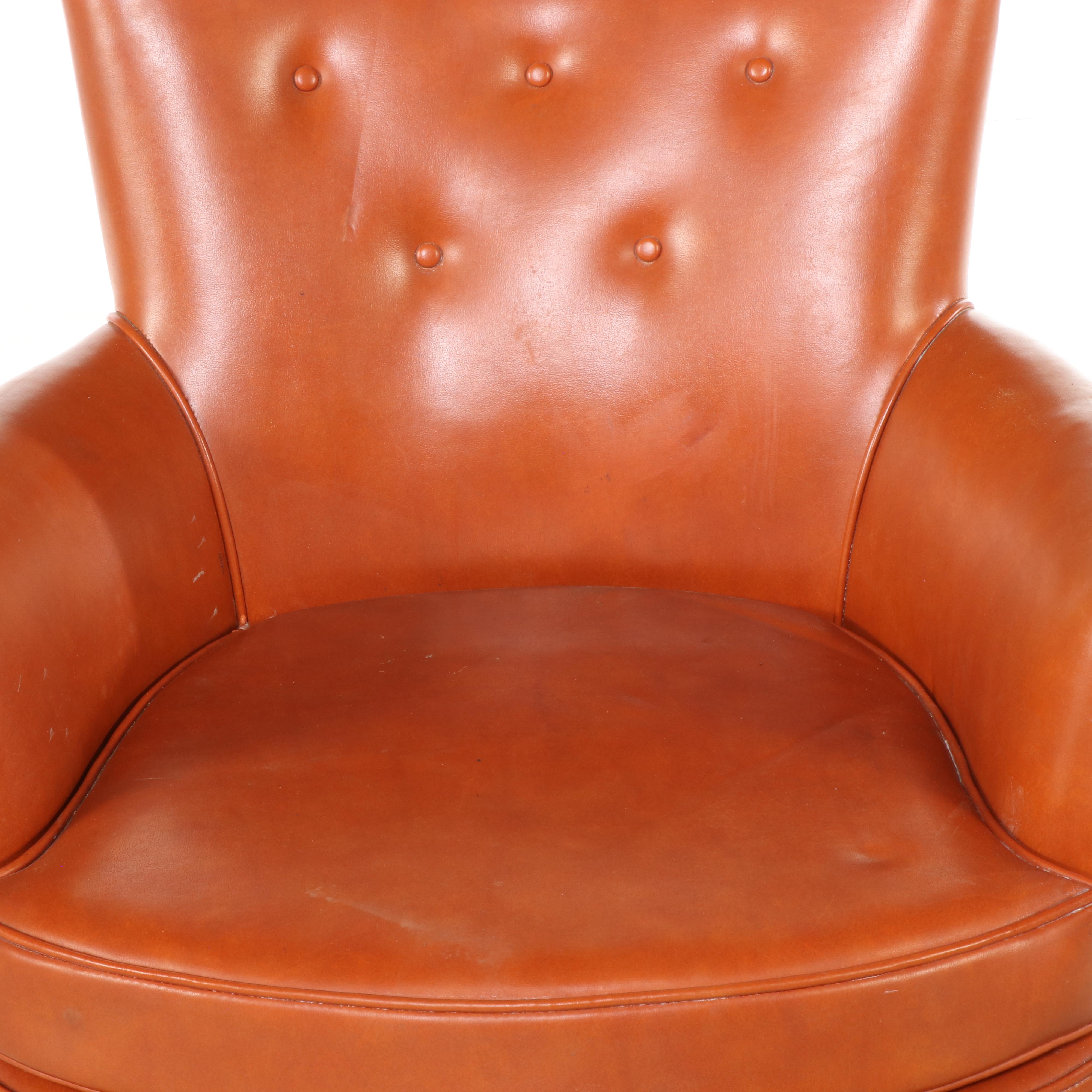 Pair of Modernist Buttoned-Down Orange Vinyl Club Chairs