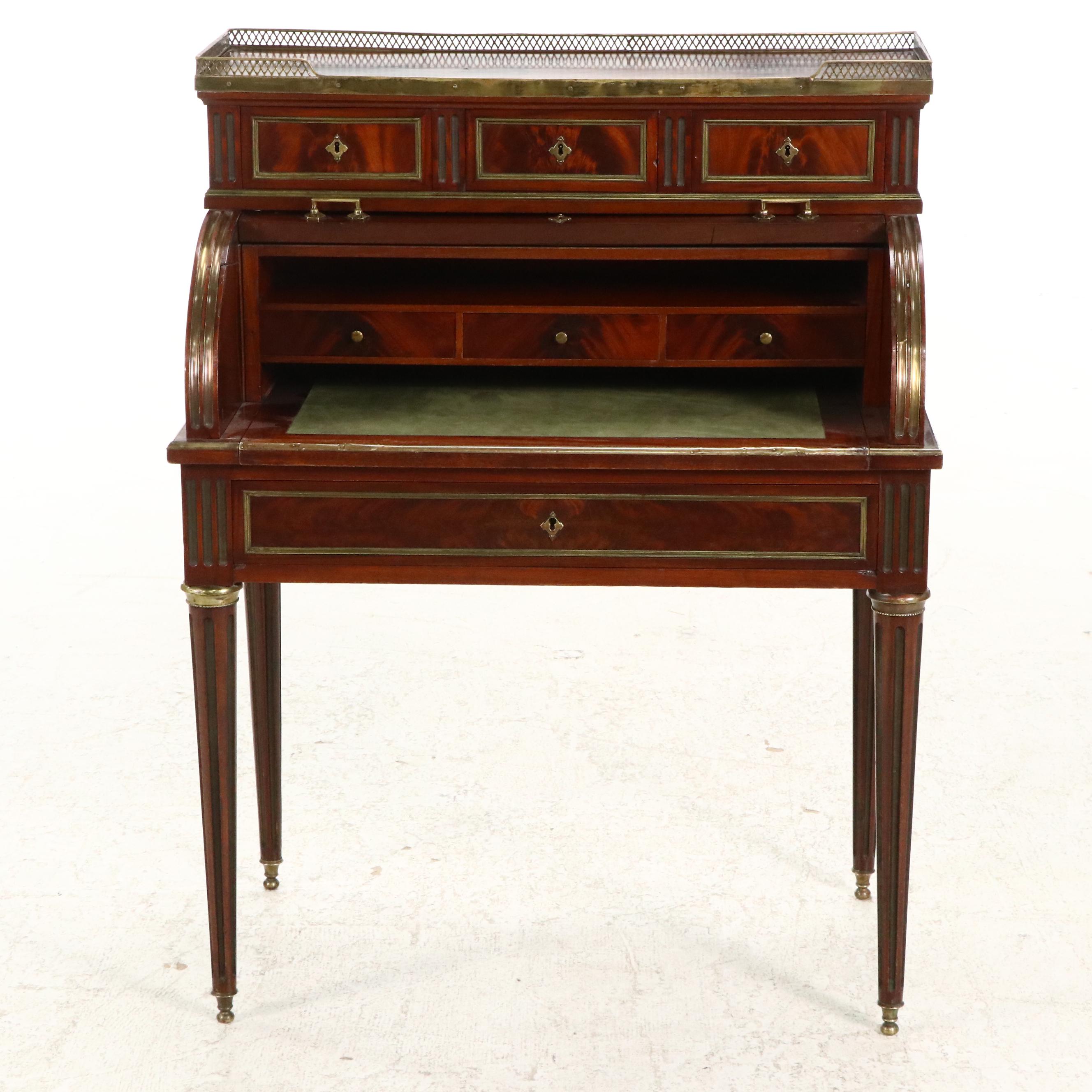 Louis XVI Style Brass Mounted Mahogany Cylinder Desk, Circa 1880