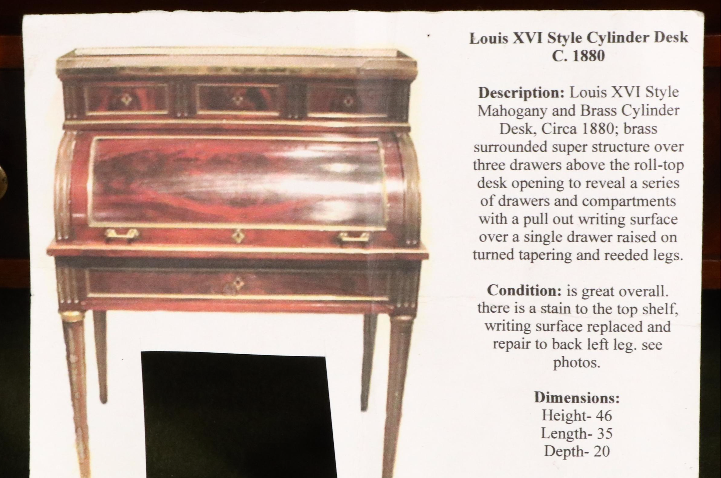Louis XVI Style Brass Mounted Mahogany Cylinder Desk, Circa 1880