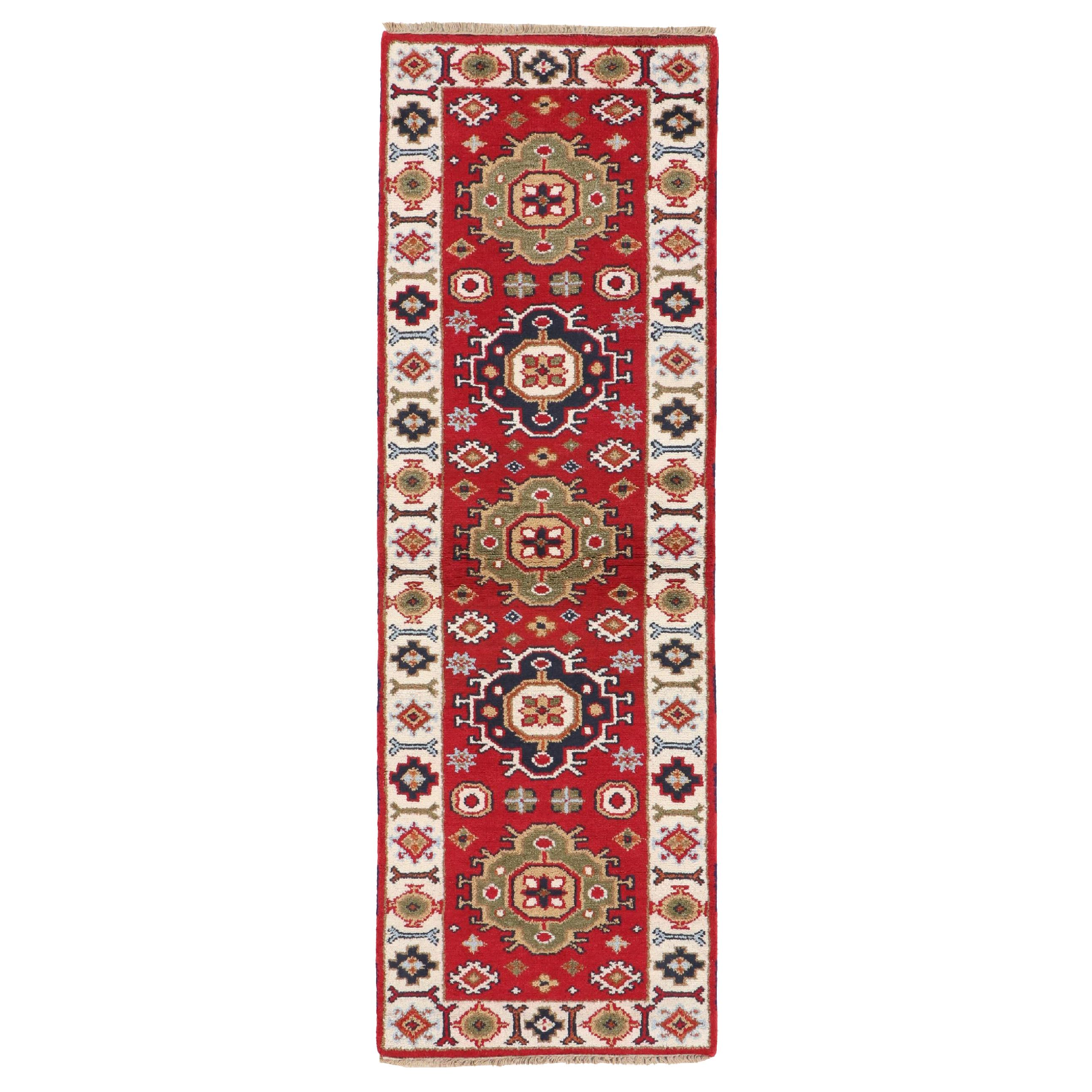 2'7 x 8' Hand-Knotted Afghan Kazak Carpet Runner