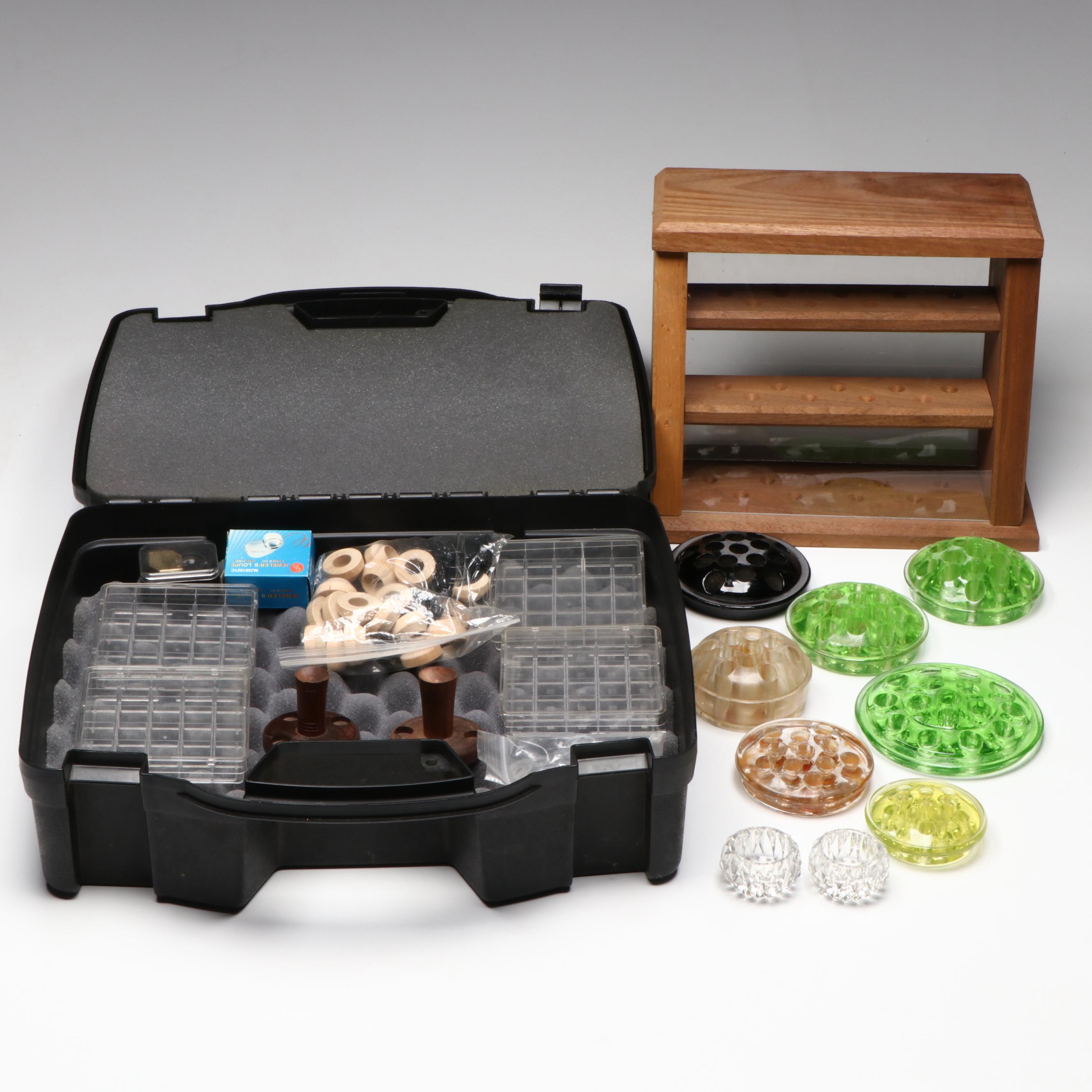 Glass and Vaseline Glass Flower Frogs with Marble Stands and Jeweler's Loupes