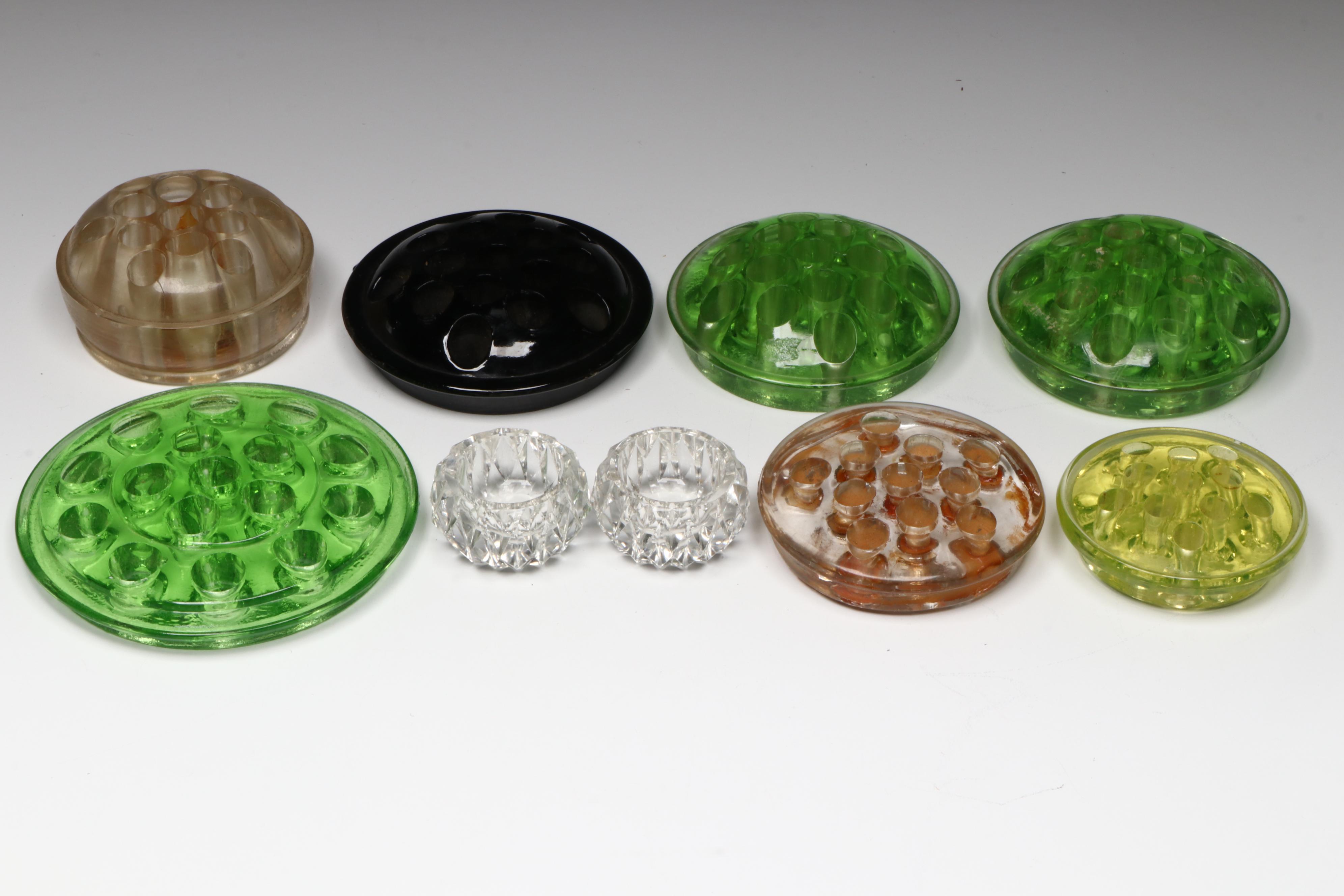 Glass and Vaseline Glass Flower Frogs with Marble Stands and Jeweler's Loupes