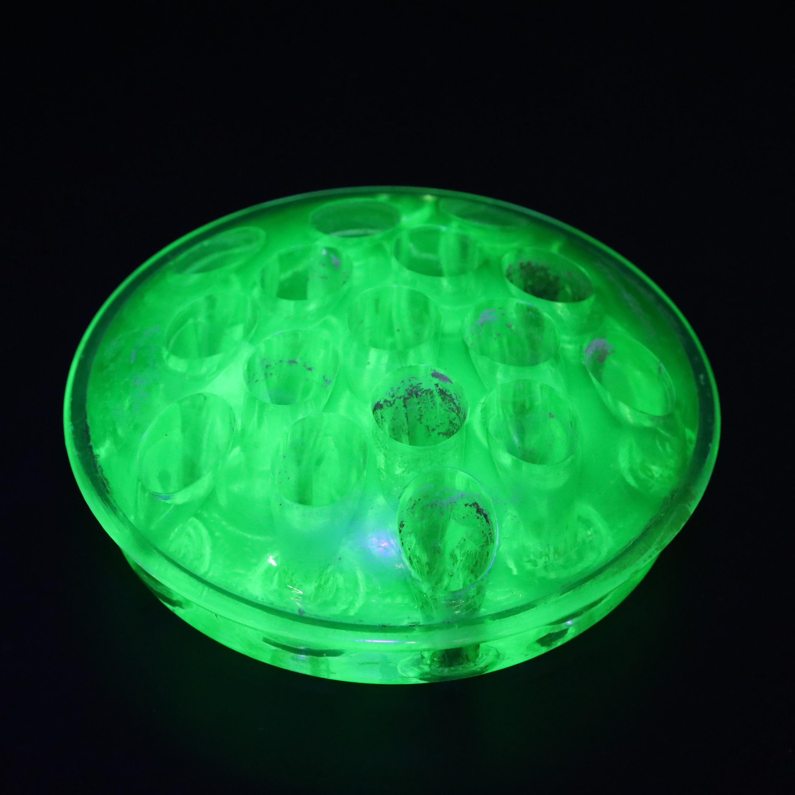 Glass and Vaseline Glass Flower Frogs with Marble Stands and Jeweler's Loupes