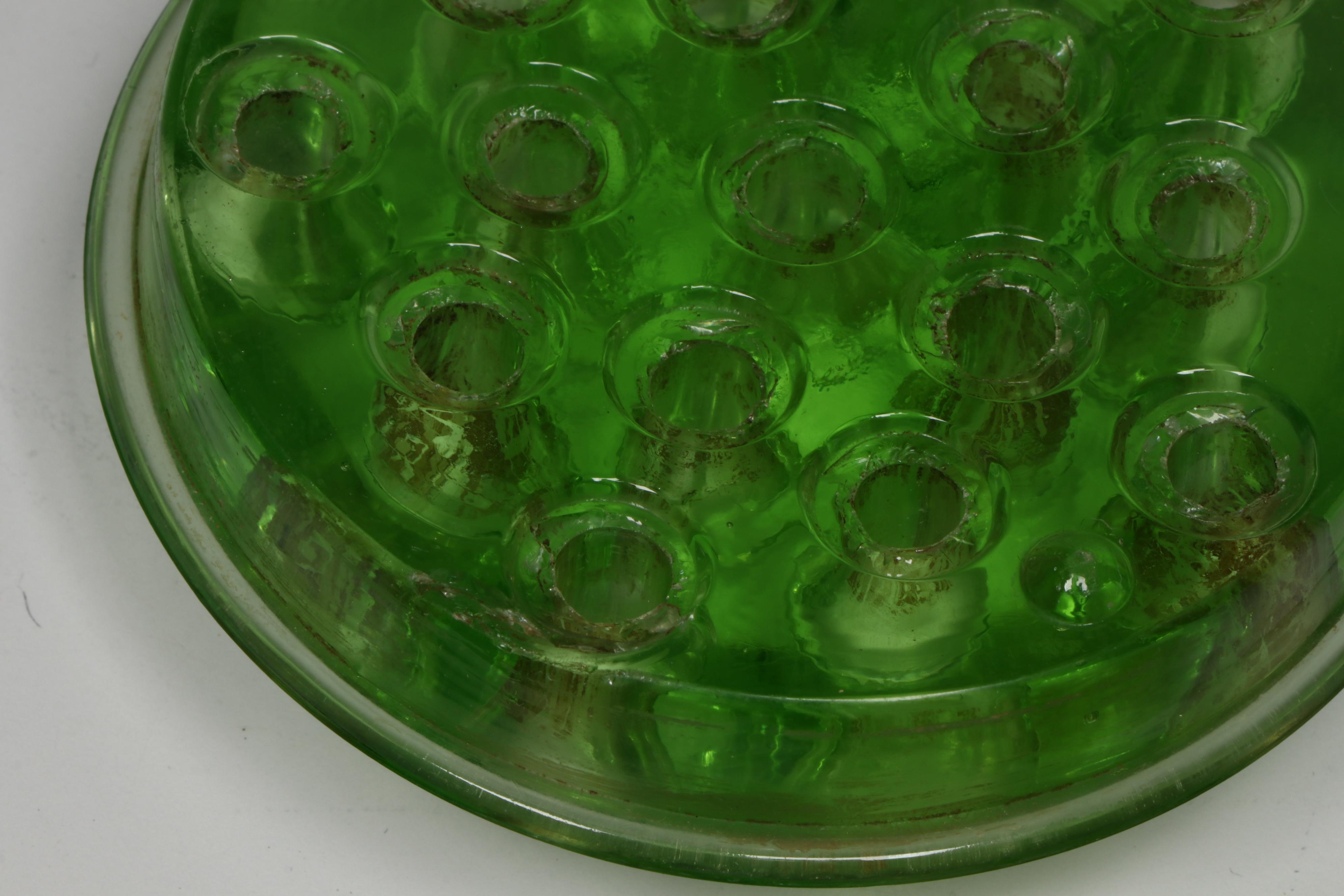 Glass and Vaseline Glass Flower Frogs with Marble Stands and Jeweler's Loupes