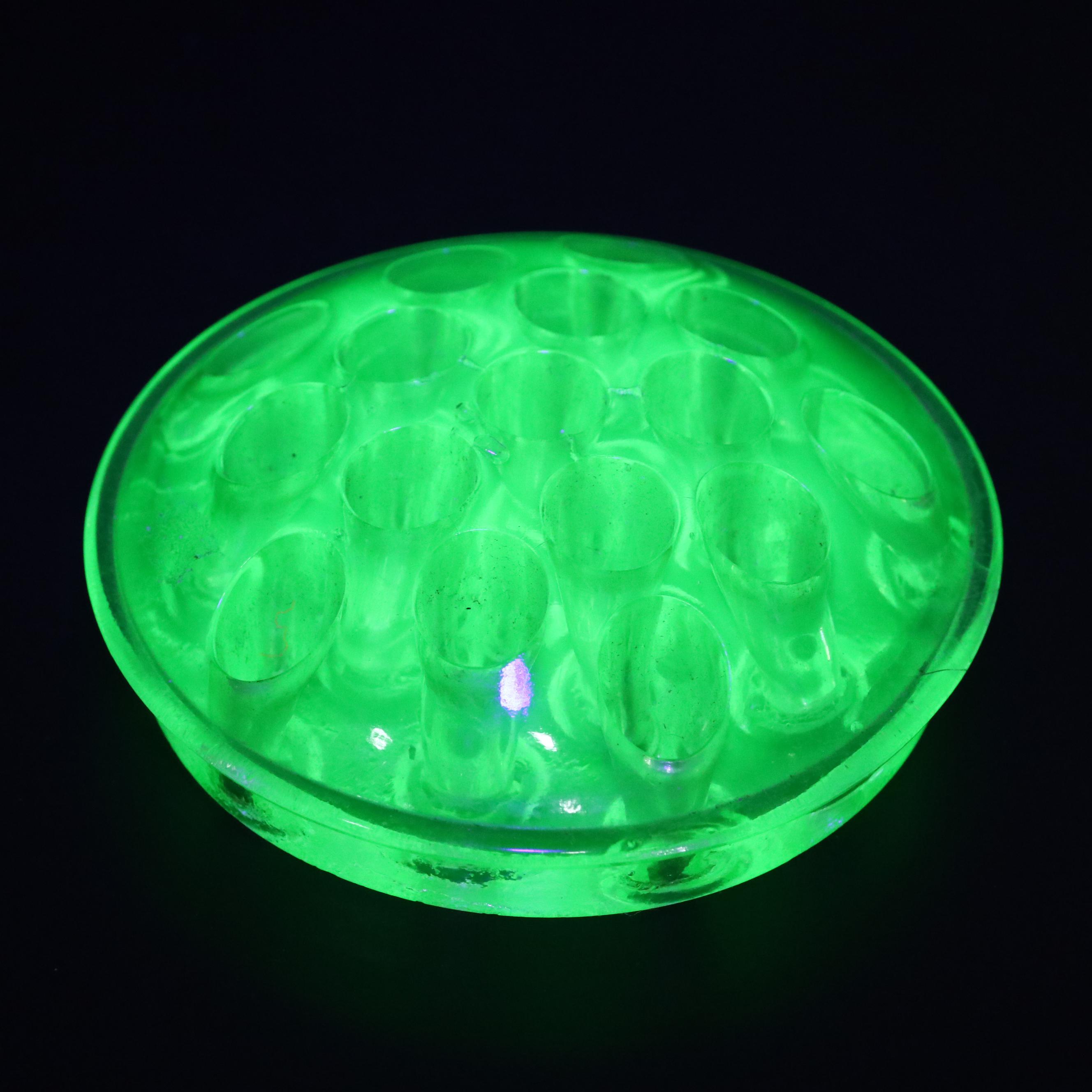 Glass and Vaseline Glass Flower Frogs with Marble Stands and Jeweler's Loupes