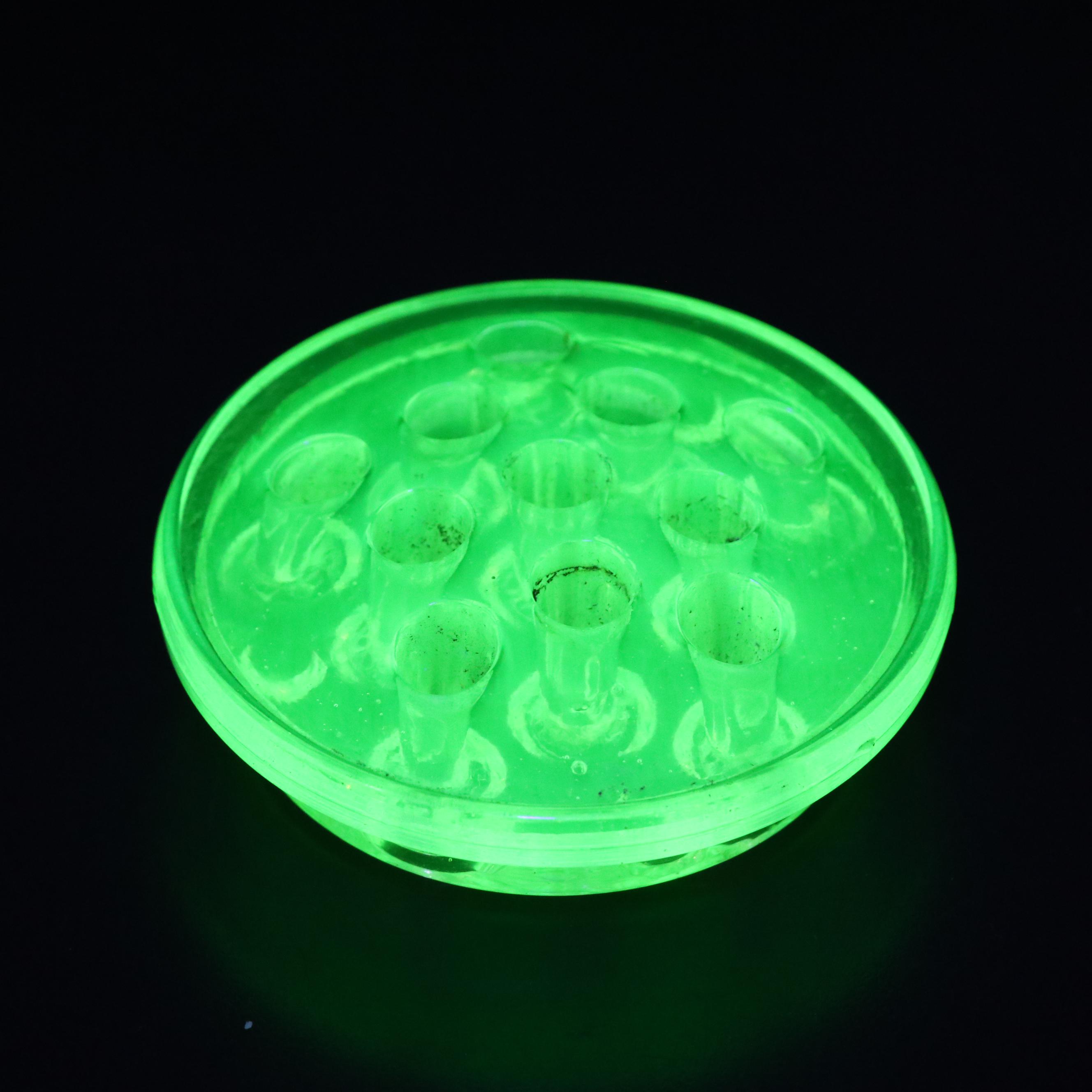 Glass and Vaseline Glass Flower Frogs with Marble Stands and Jeweler's Loupes