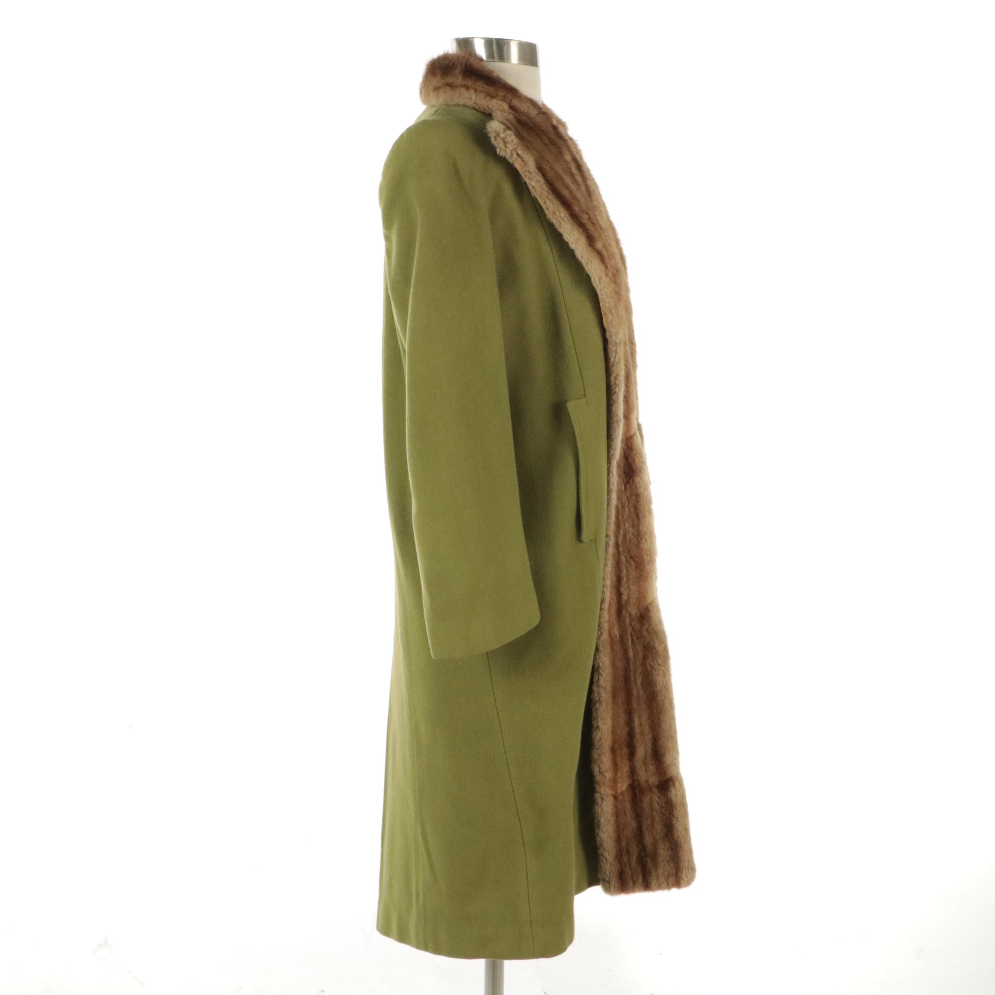 Double Breasted Swing Coat in Green Wool with Mink Fur Collar and Trim