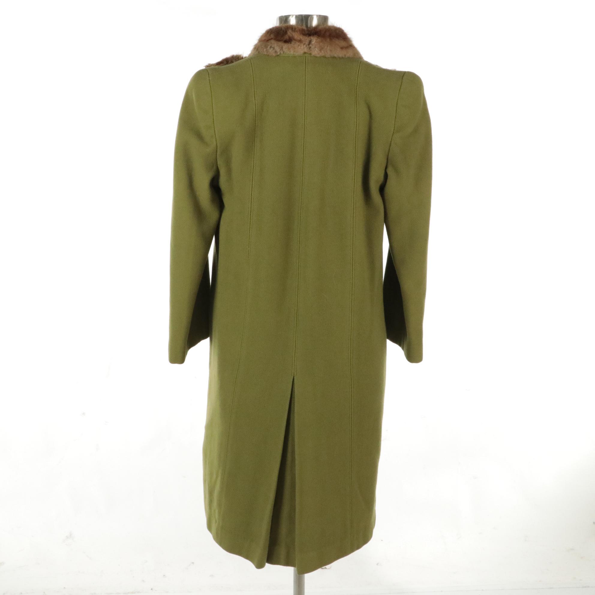Double Breasted Swing Coat in Green Wool with Mink Fur Collar and Trim
