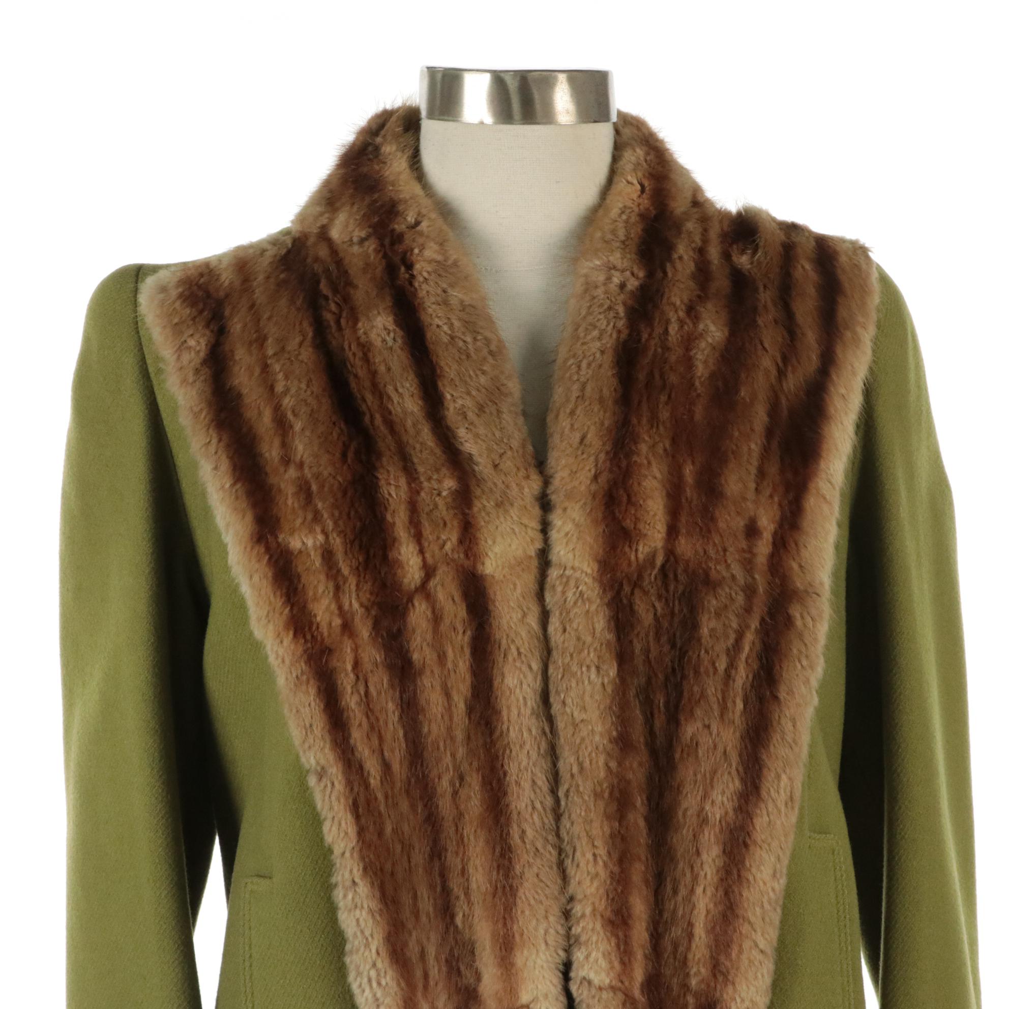 Double Breasted Swing Coat in Green Wool with Mink Fur Collar and Trim