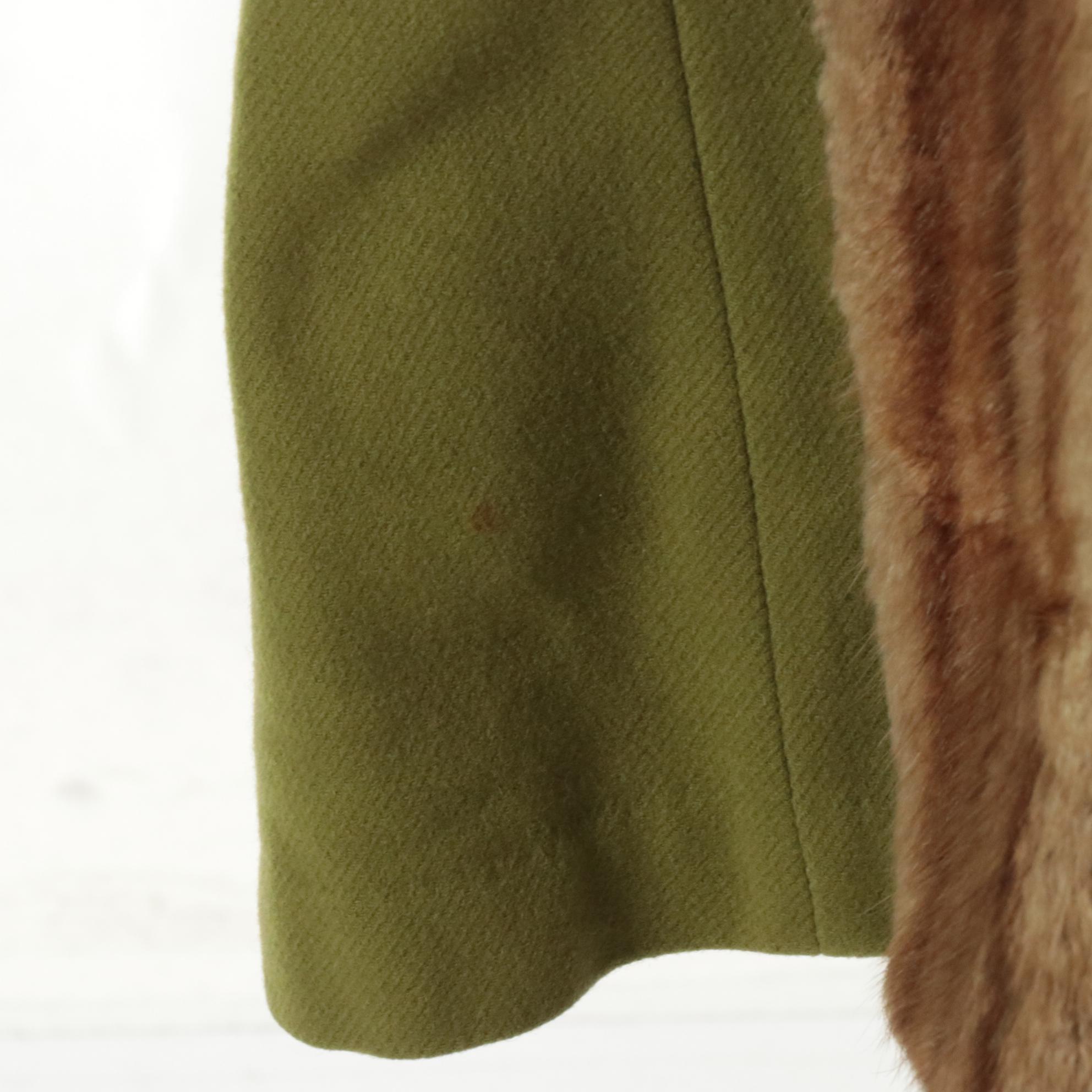 Double Breasted Swing Coat in Green Wool with Mink Fur Collar and Trim