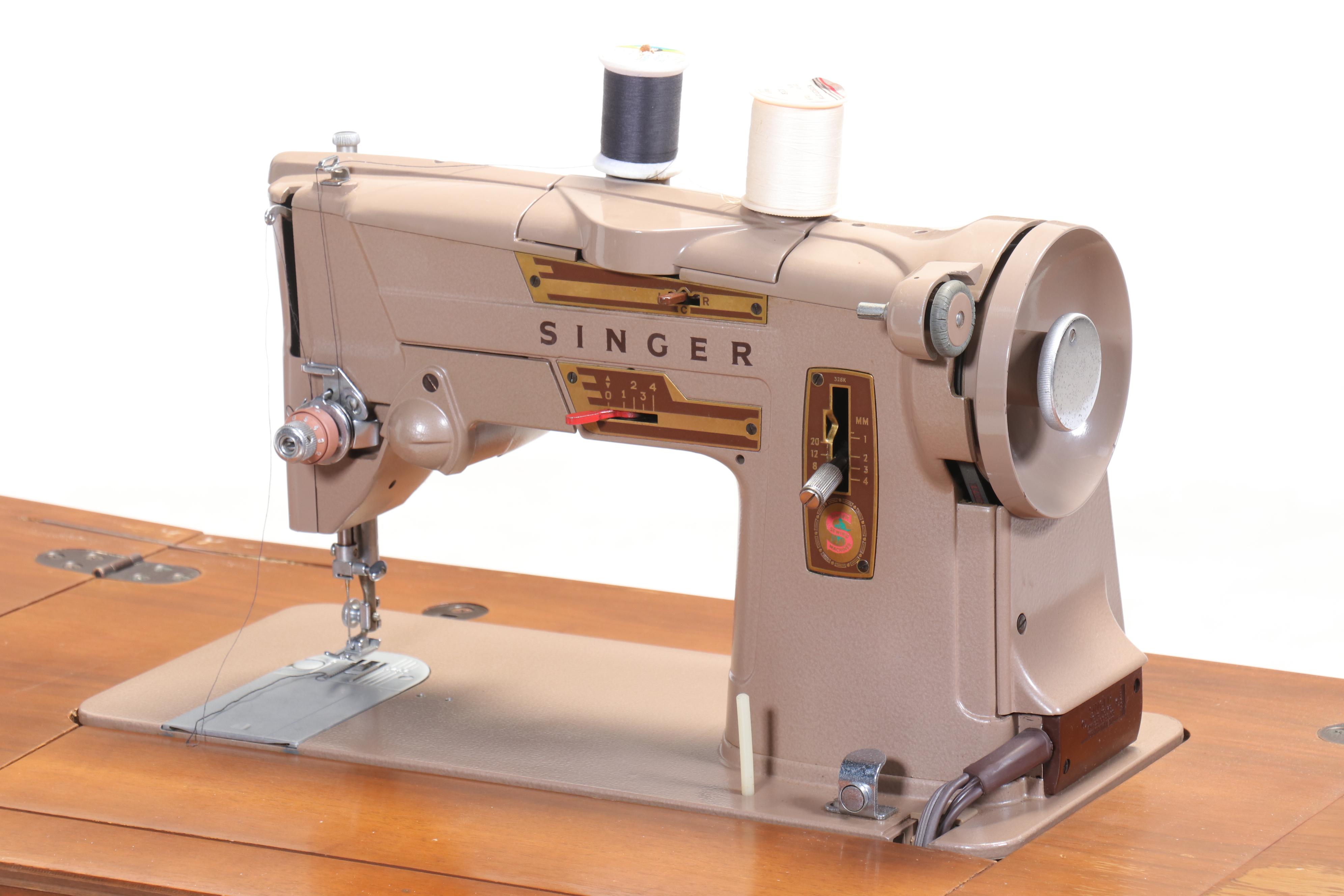 Singer 328 Machine and Mid Century Modern Teak Finish Sewing Cabinet