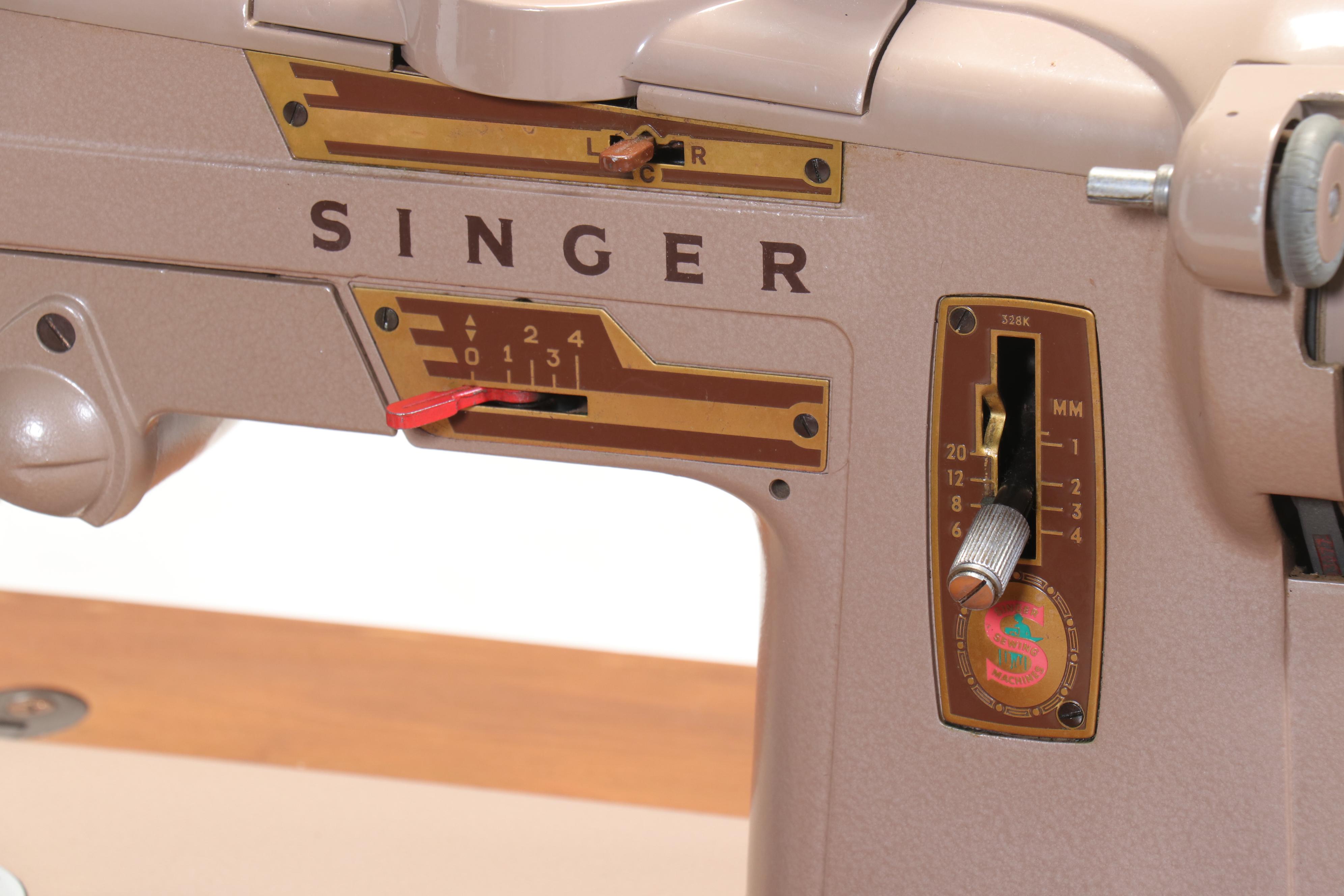 Singer 328 Machine and Mid Century Modern Teak Finish Sewing Cabinet