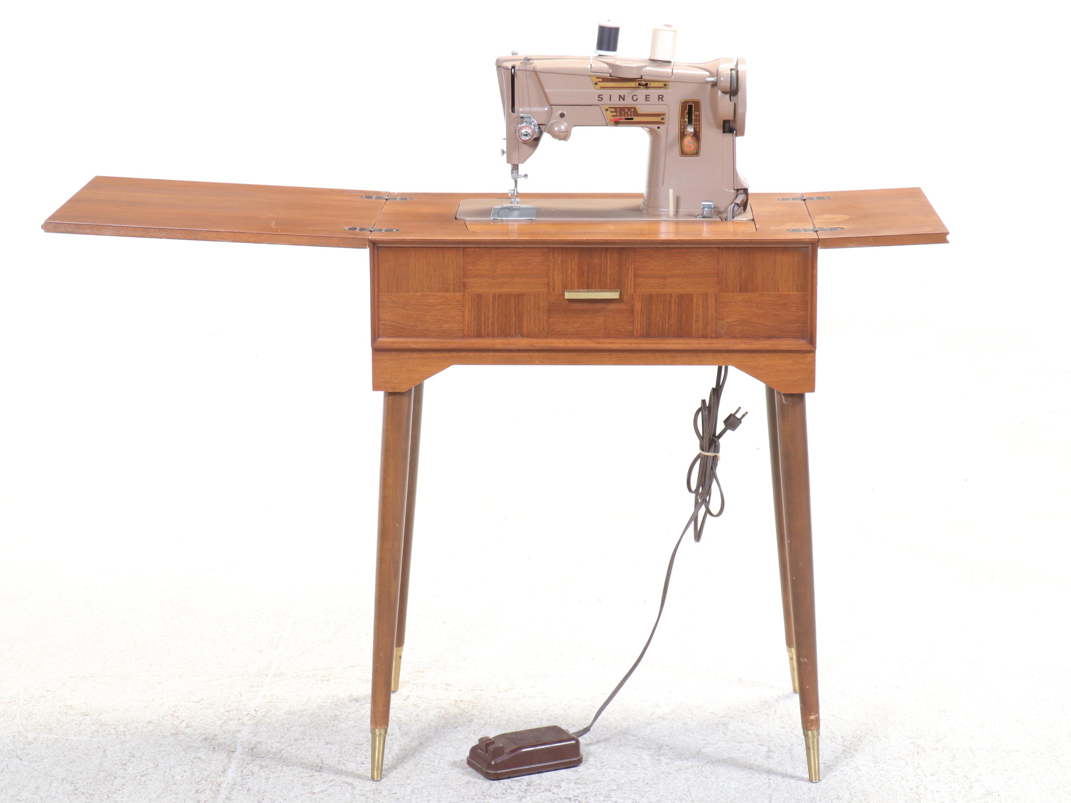 Singer 328 Machine and Mid Century Modern Teak Finish Sewing Cabinet