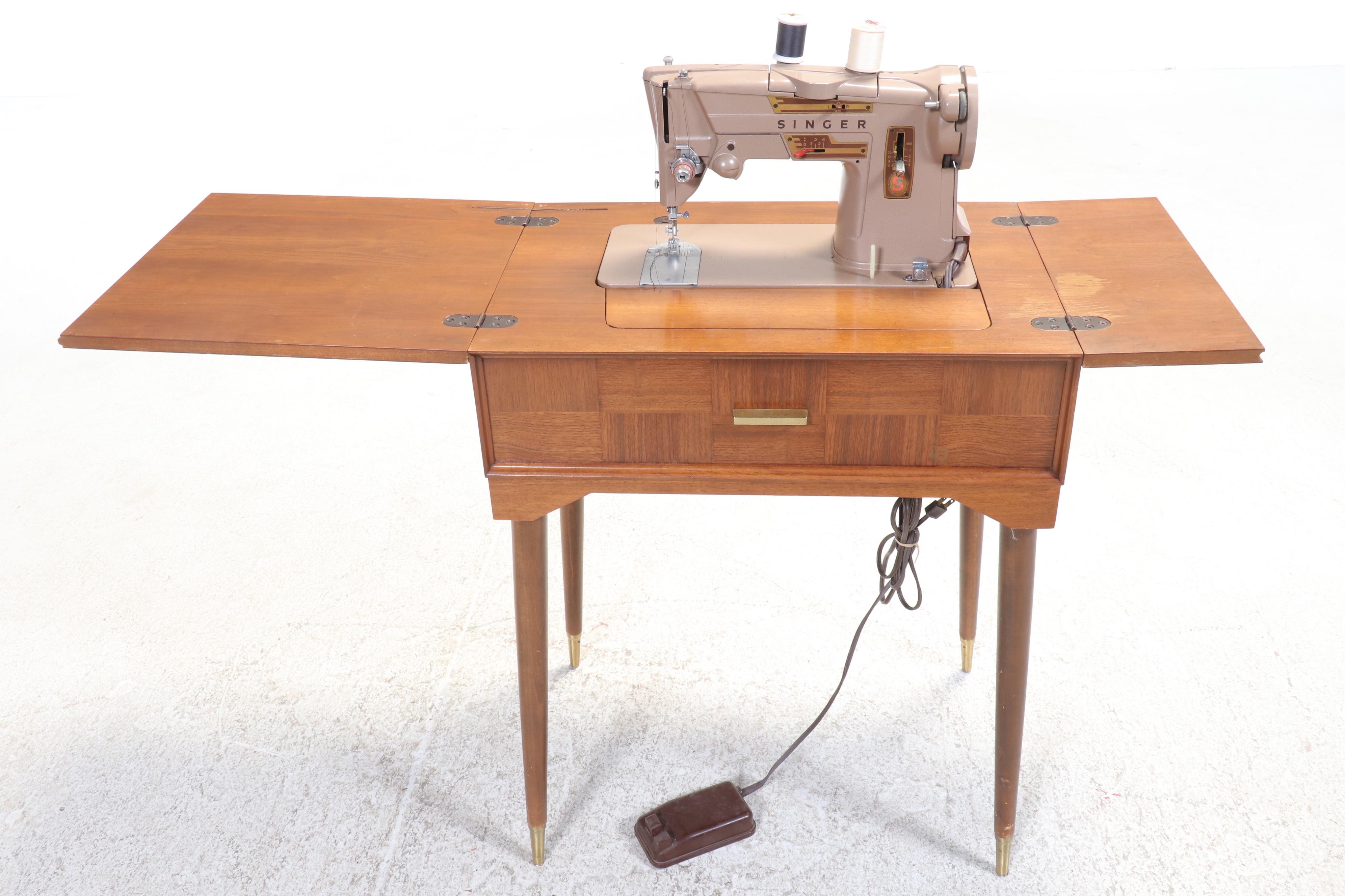 Singer 328 Machine and Mid Century Modern Teak Finish Sewing Cabinet
