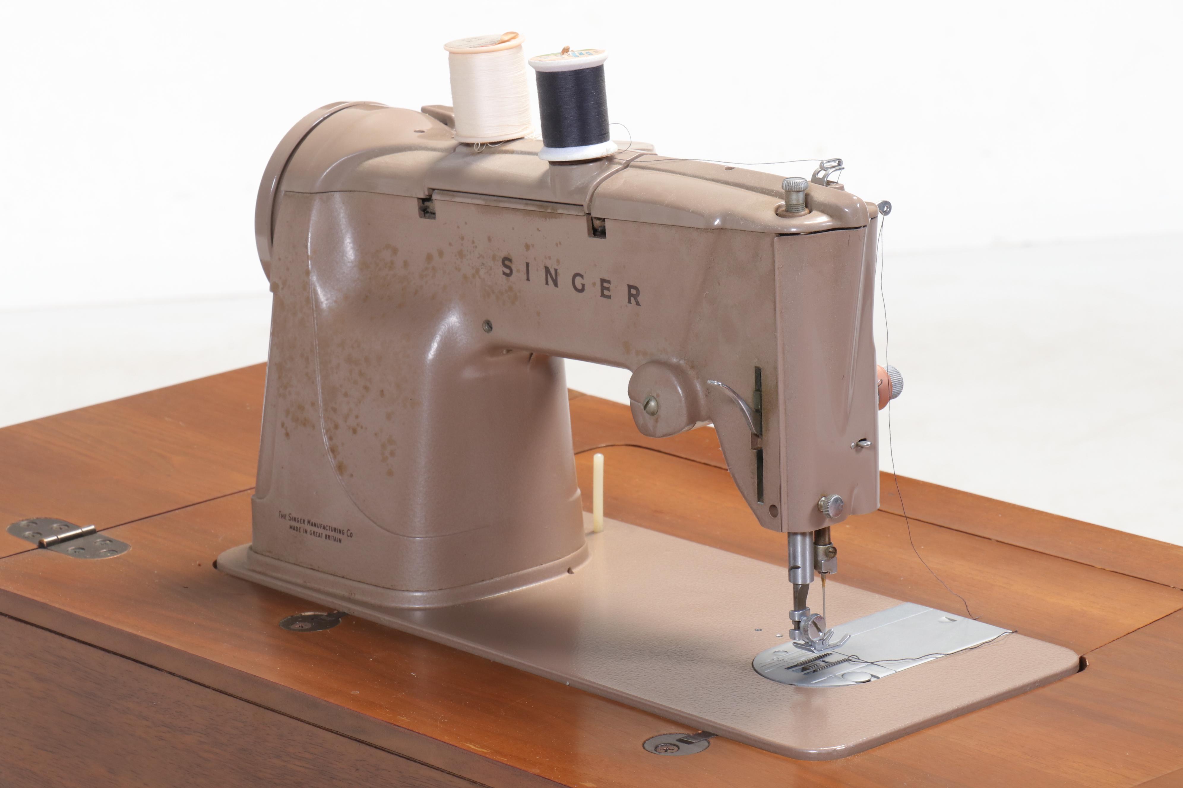 Singer 328 Machine and Mid Century Modern Teak Finish Sewing Cabinet