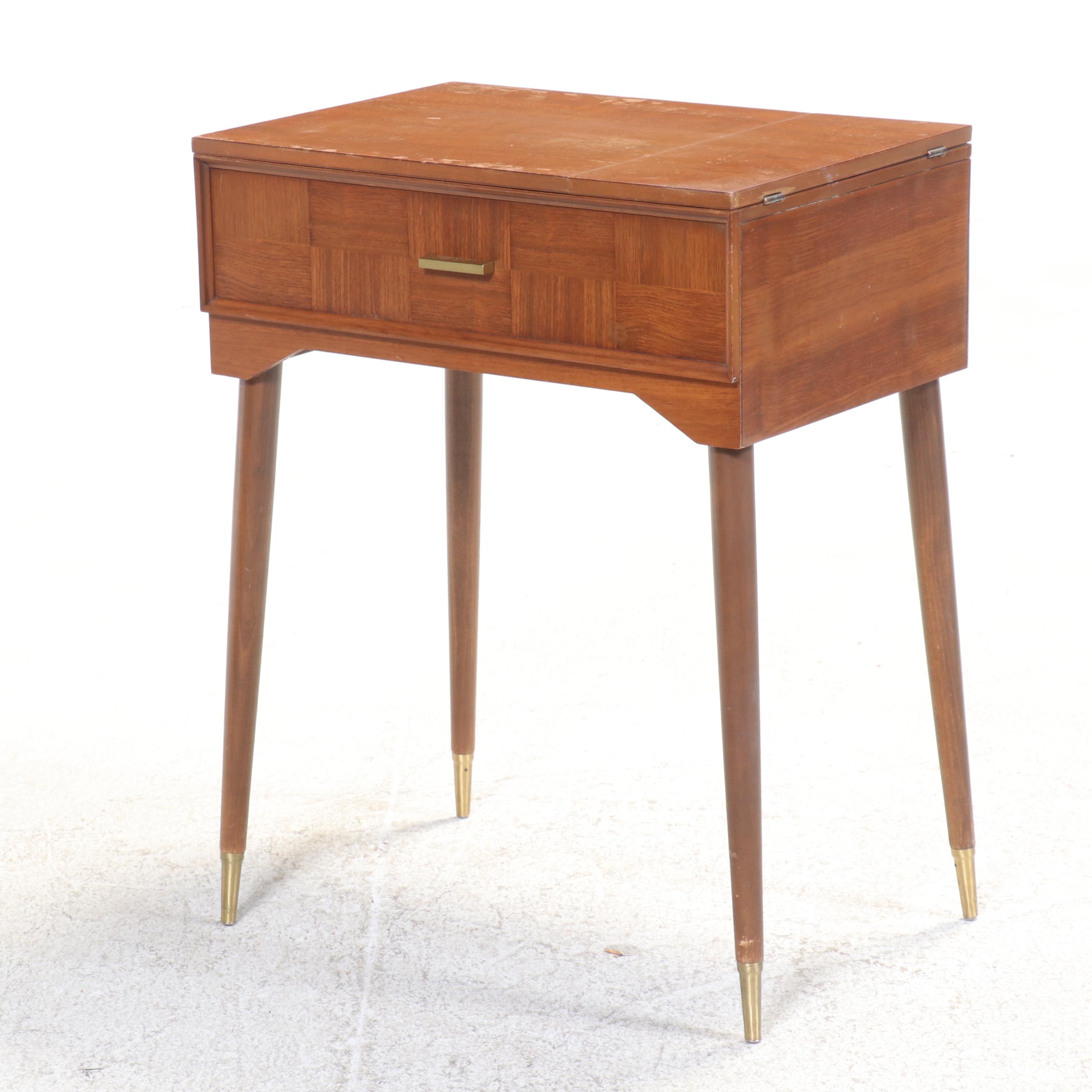 Singer 328 Machine and Mid Century Modern Teak Finish Sewing Cabinet