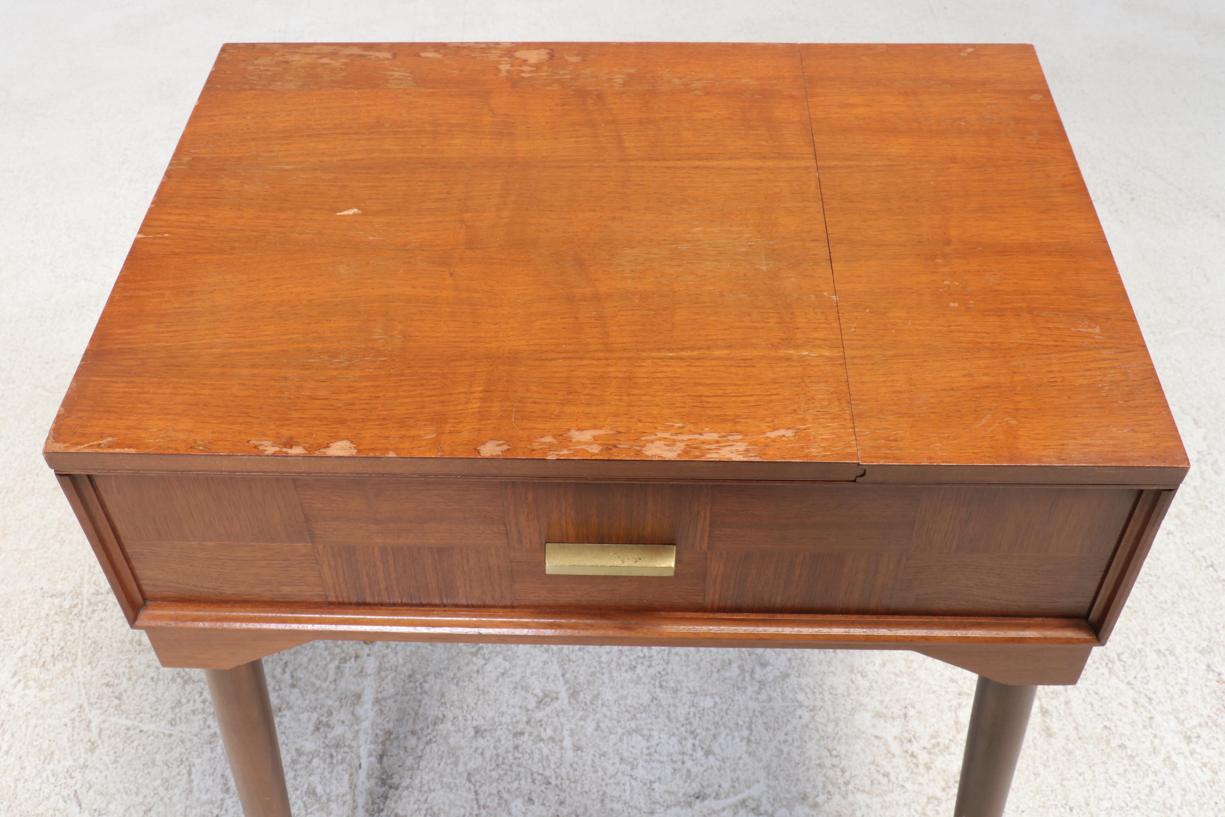 Singer 328 Machine and Mid Century Modern Teak Finish Sewing Cabinet