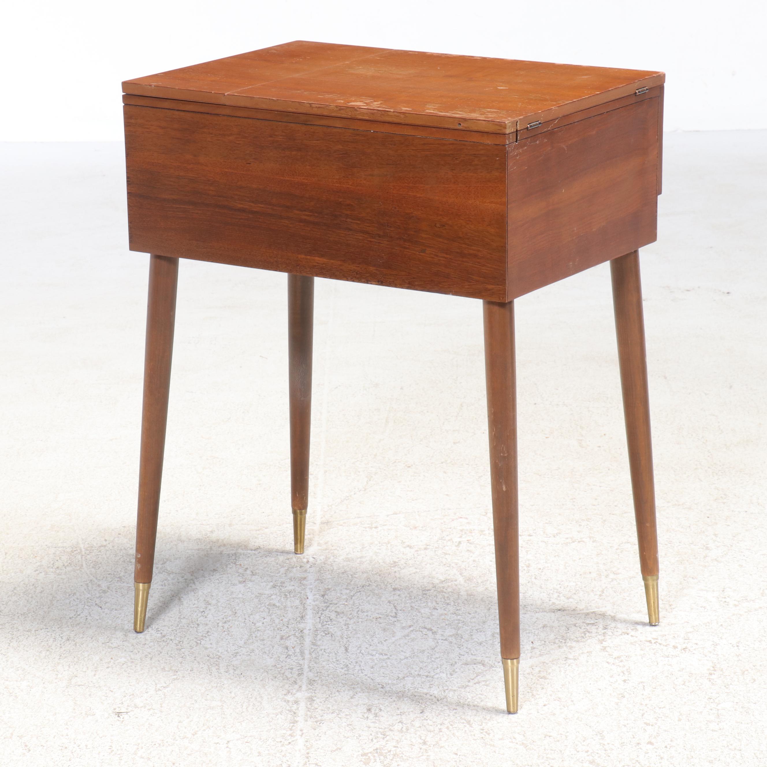 Singer 328 Machine and Mid Century Modern Teak Finish Sewing Cabinet