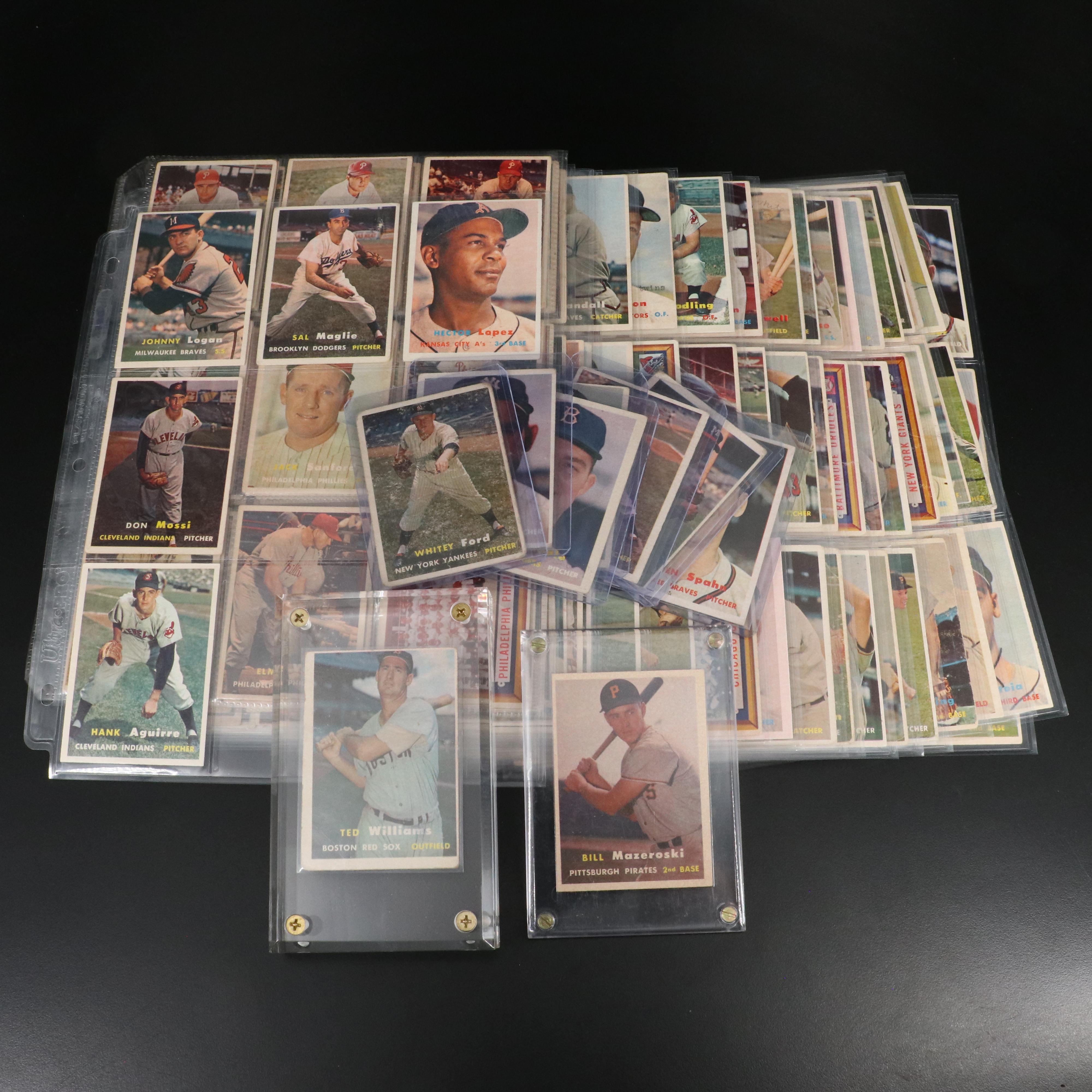 1957 Topps Baseball Cards Featuring Ted Williams, Hank Aaron, and Yogi Berra