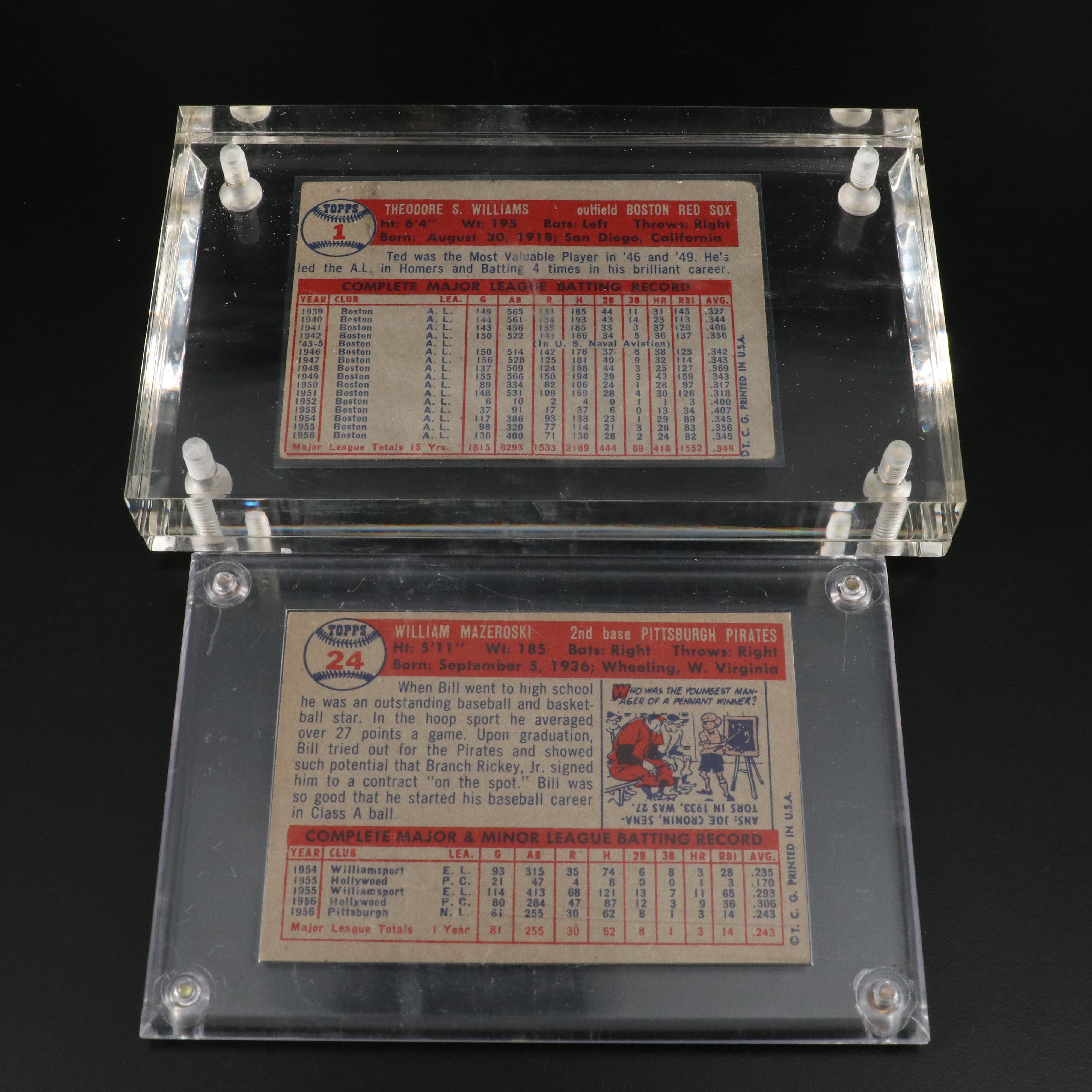 1957 Topps Baseball Cards Featuring Ted Williams, Hank Aaron, and Yogi Berra