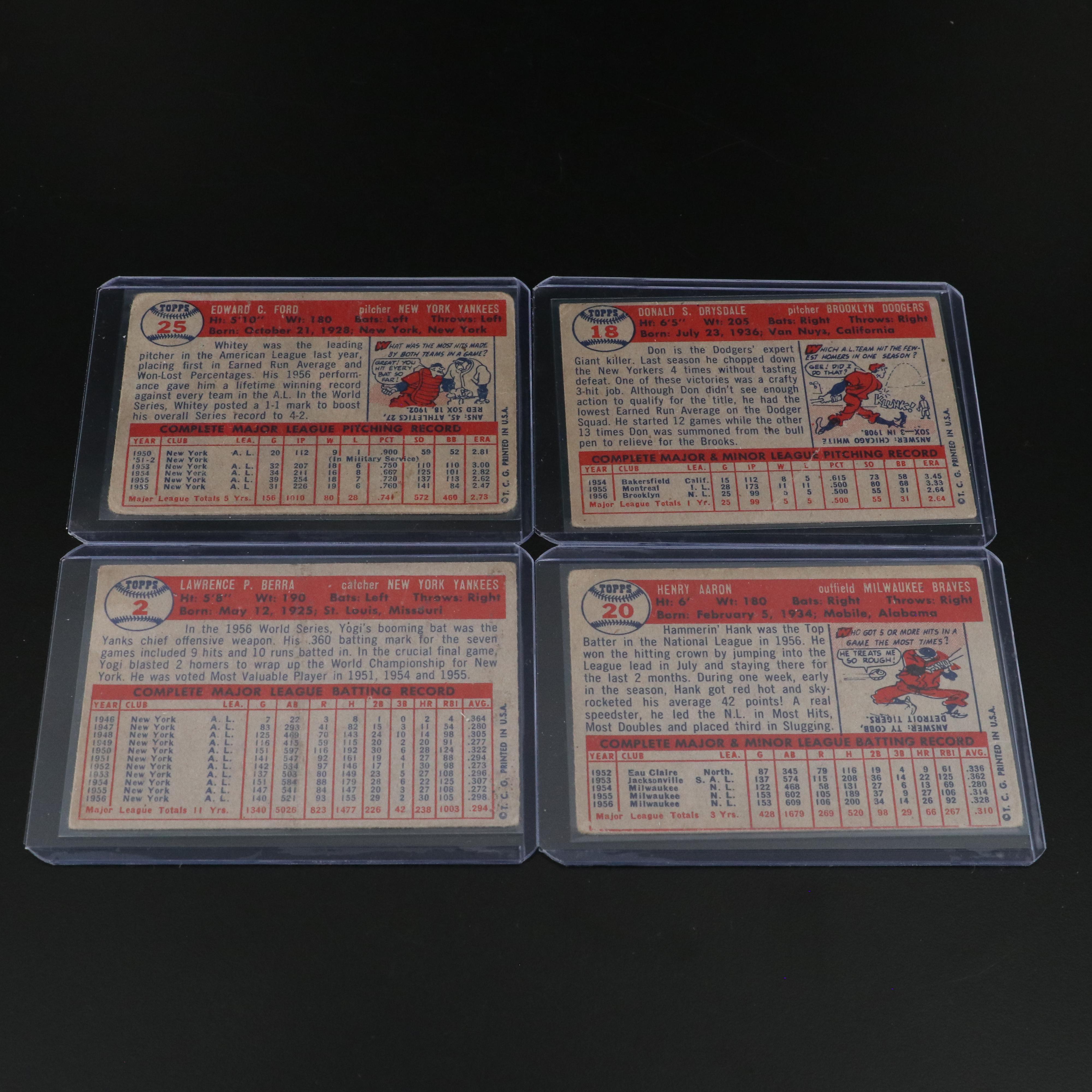 1957 Topps Baseball Cards Featuring Ted Williams, Hank Aaron, and Yogi Berra