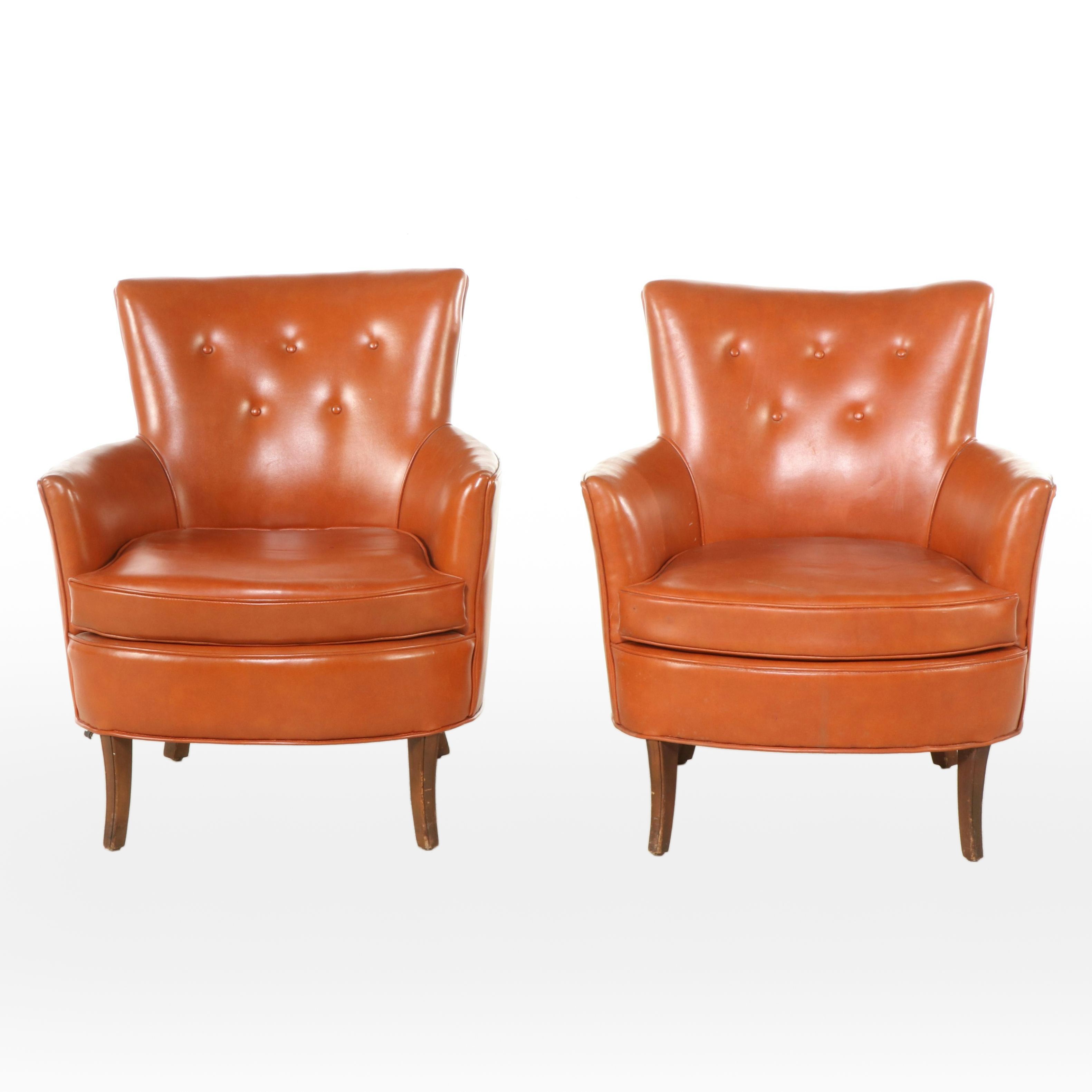Pair of Modernist Buttoned-Down Orange Vinyl Club Chairs