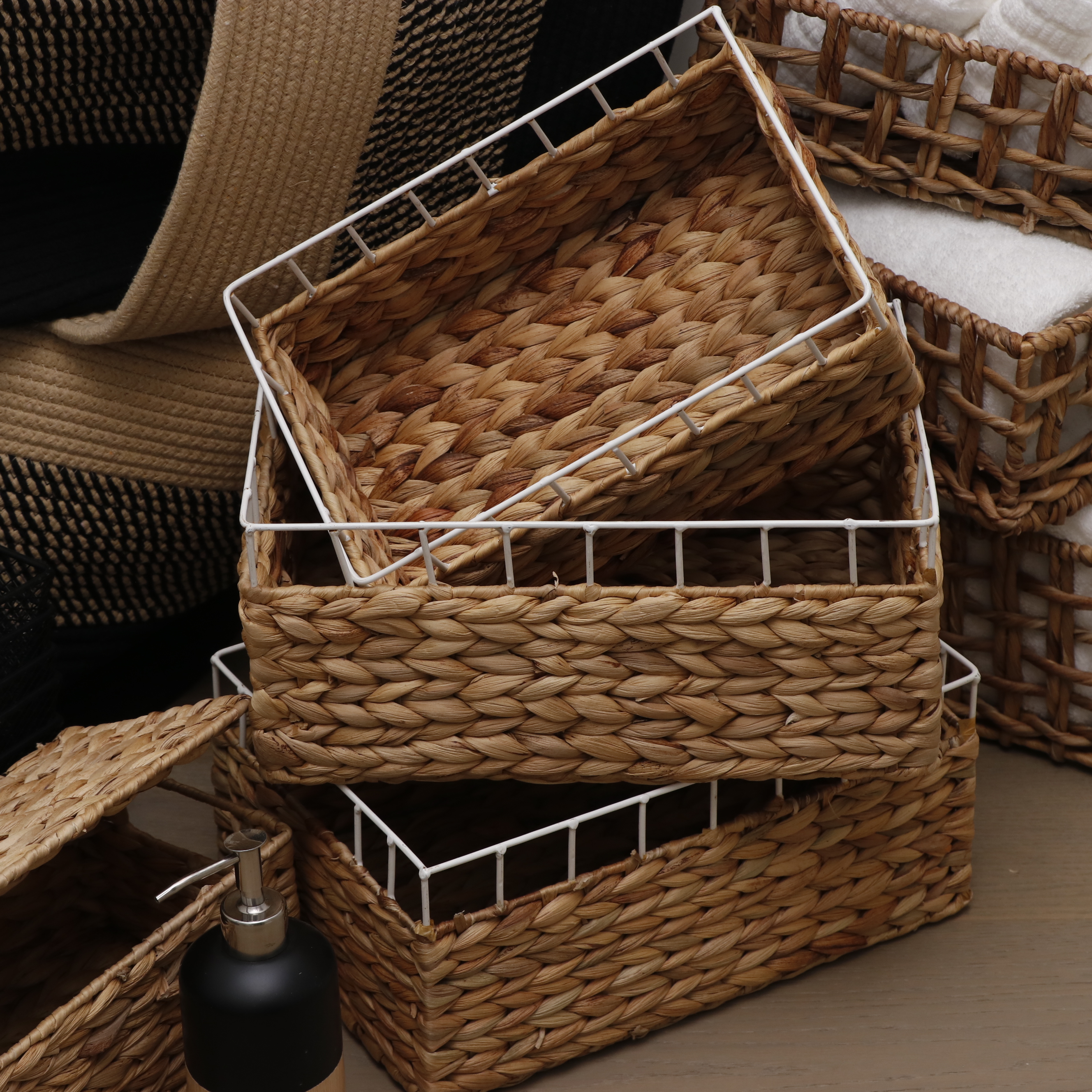 Hyacinth, Cotton Rope, and Wicker Storage Baskets, Hangers and Towels
