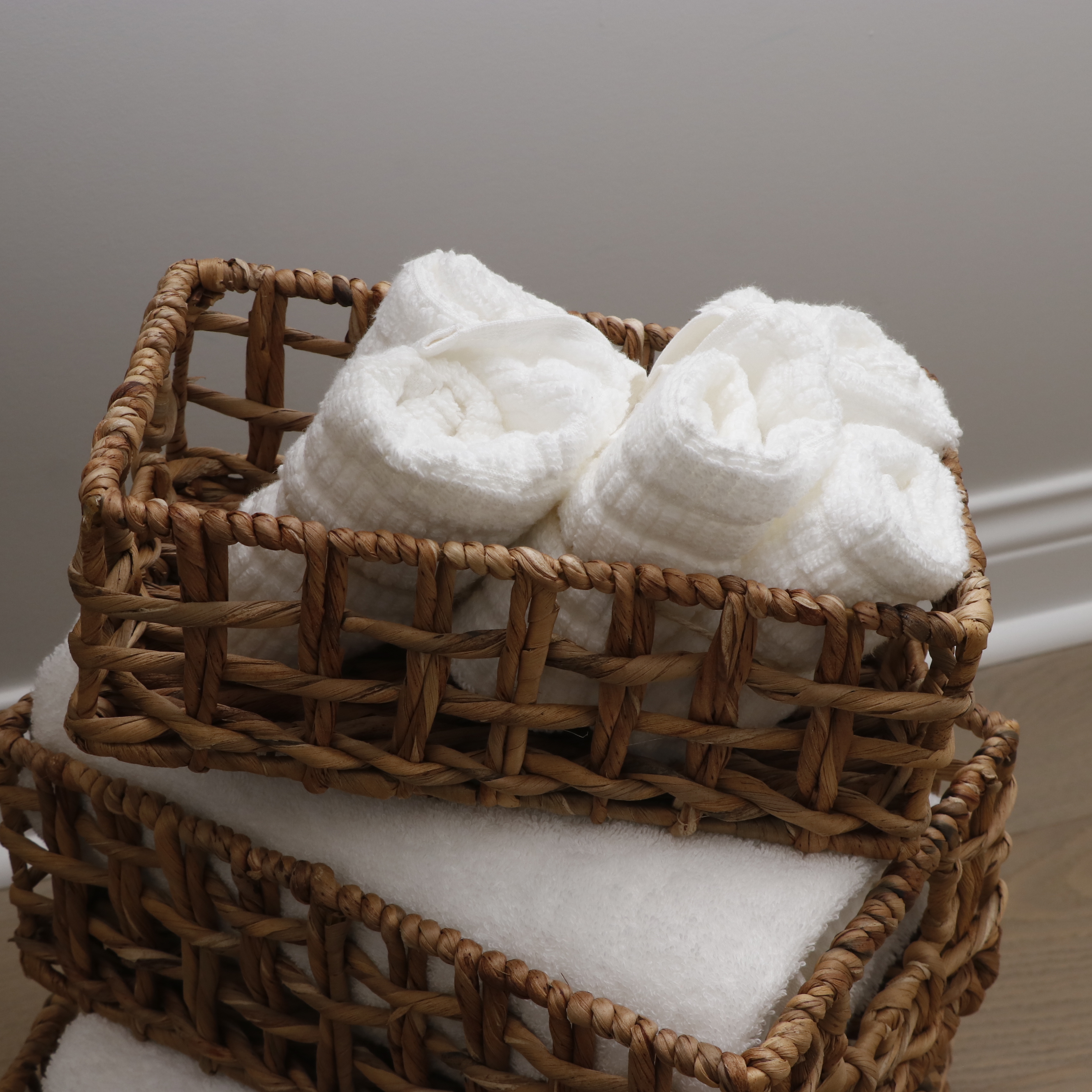 Hyacinth, Cotton Rope, and Wicker Storage Baskets, Hangers and Towels