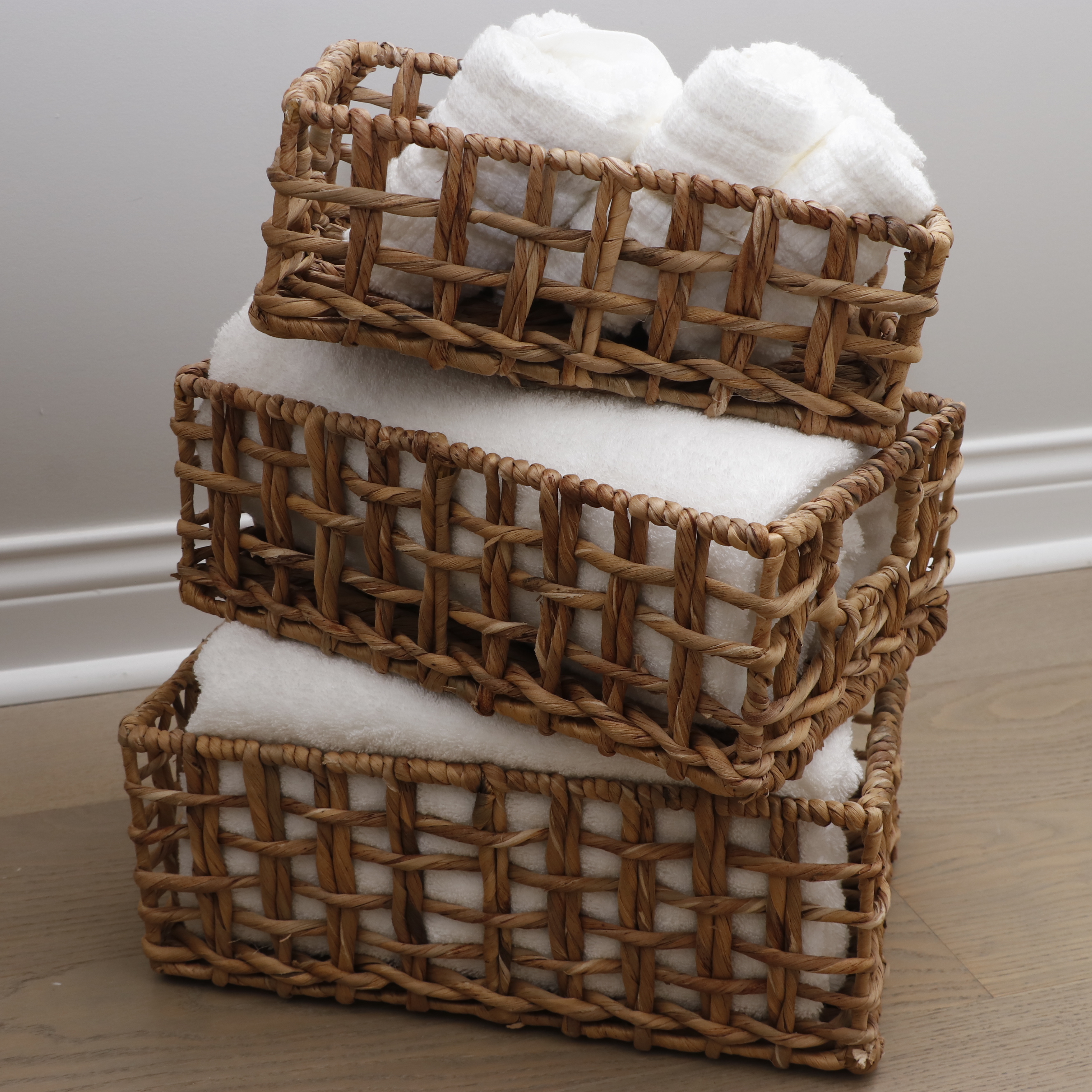 Hyacinth, Cotton Rope, and Wicker Storage Baskets, Hangers and Towels
